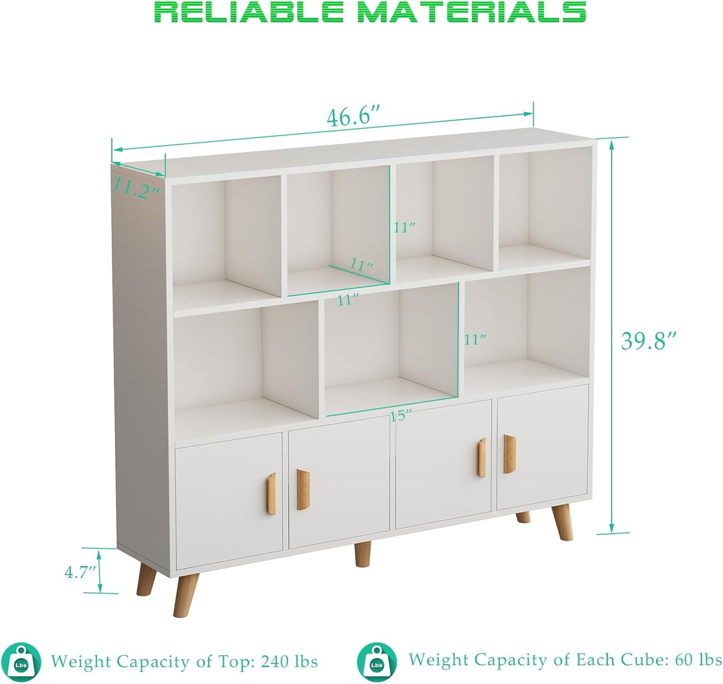 Cubby Shelf Bookcase with Doors - Wooden 11 Cube Floor Standing Open Bookshelf with Solid Wood Legs, 3-Tier Storage Cabinet, Warm White