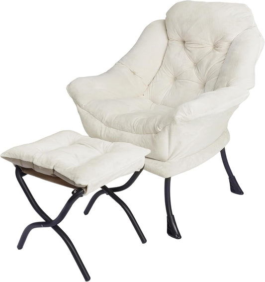 Lazy Chair with Folding Ottoman,Living Room Chairs, Accent Contemporary Lounge Chair, Single Steel Frame Leisure Sofa Chair with Armrests and A Side Pocket (Beige-1130)