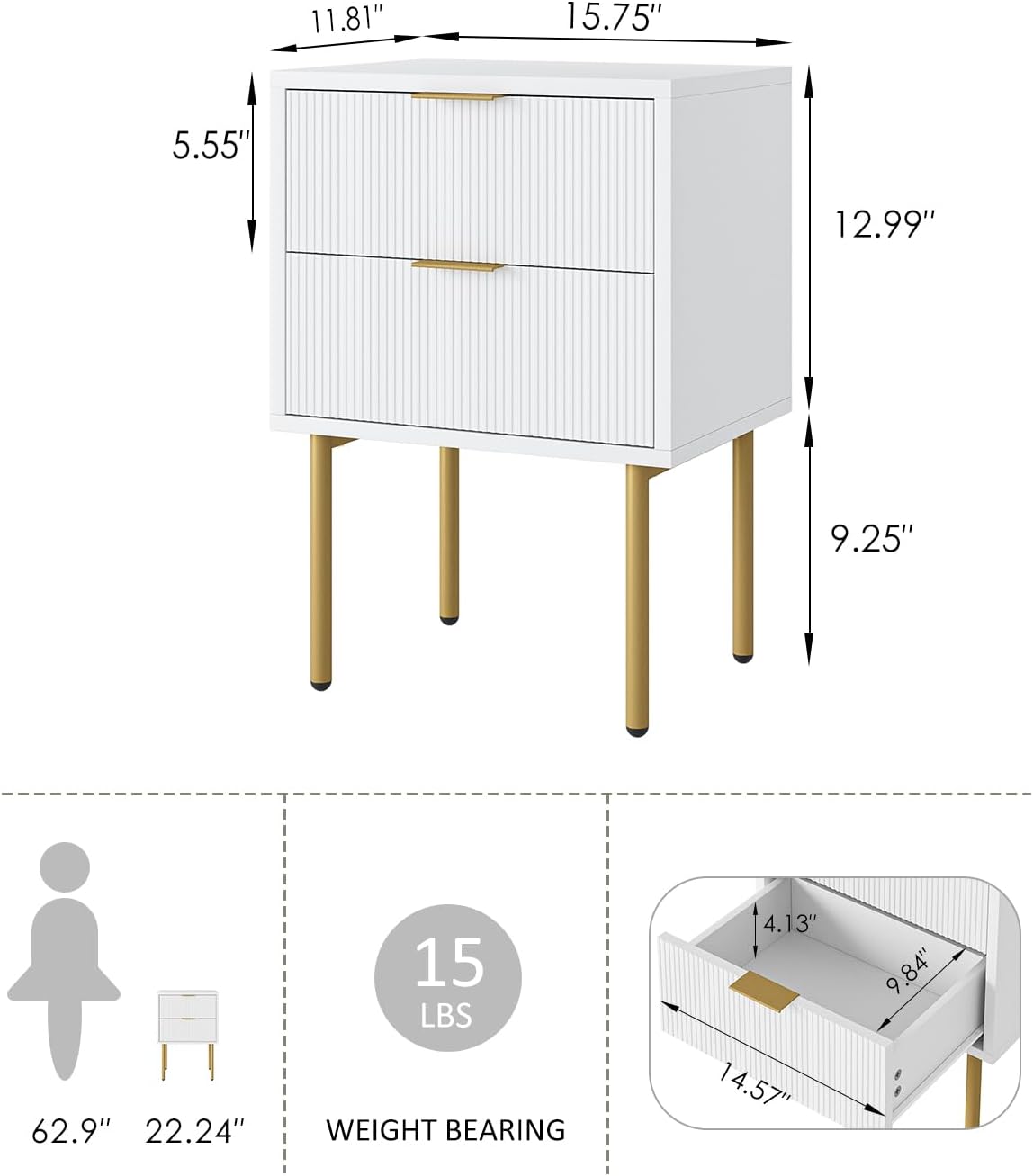 Nightstand,Morden Bedside Table with Gold Frame,Small White Night Stand,End Table,Bedside Furniture,Side Table with Drawer and Shelf for Bedroom,Living Room (2Drawers, White.)