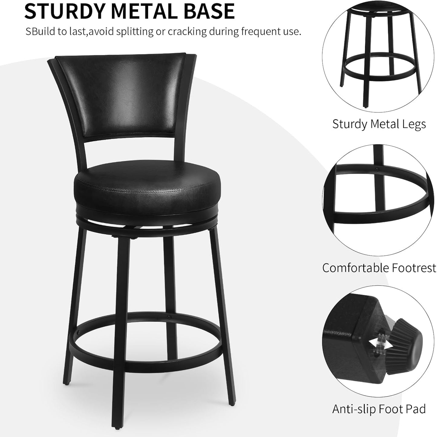 Bar Stools, 25 Inch Metal Counter Height Barstools Set of 2, Faux Leather Round 360° Swivel Bar Chairs with Backrest, Modern Swivel Bar Stool for Kitchen Island, Black