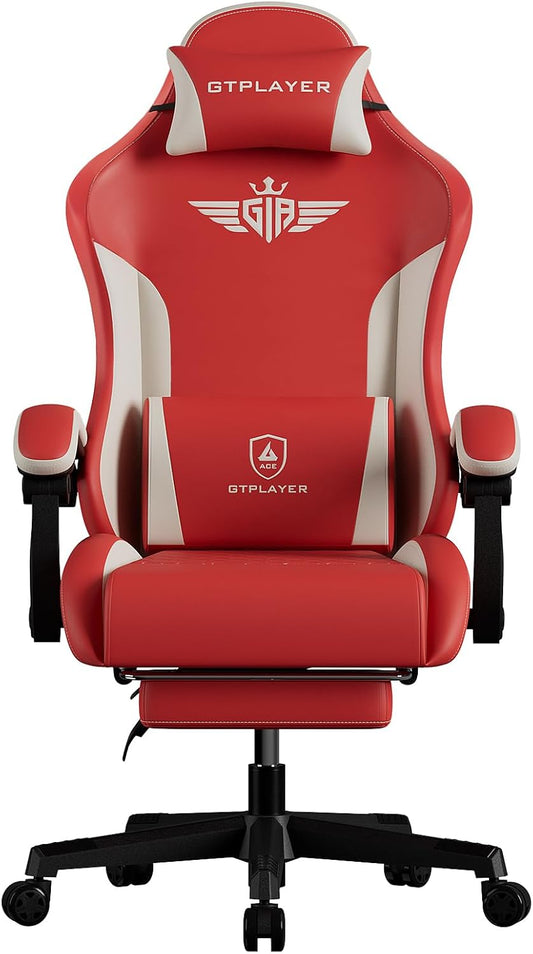 GTPLAYER Gaming Chair with Footrest, Big and Tall Game Chair High Back Computer Office Chair with Lumbar Support for Adults, Ergonomic Swivel Games Chair with Cushion Gaming Faux Leather Red