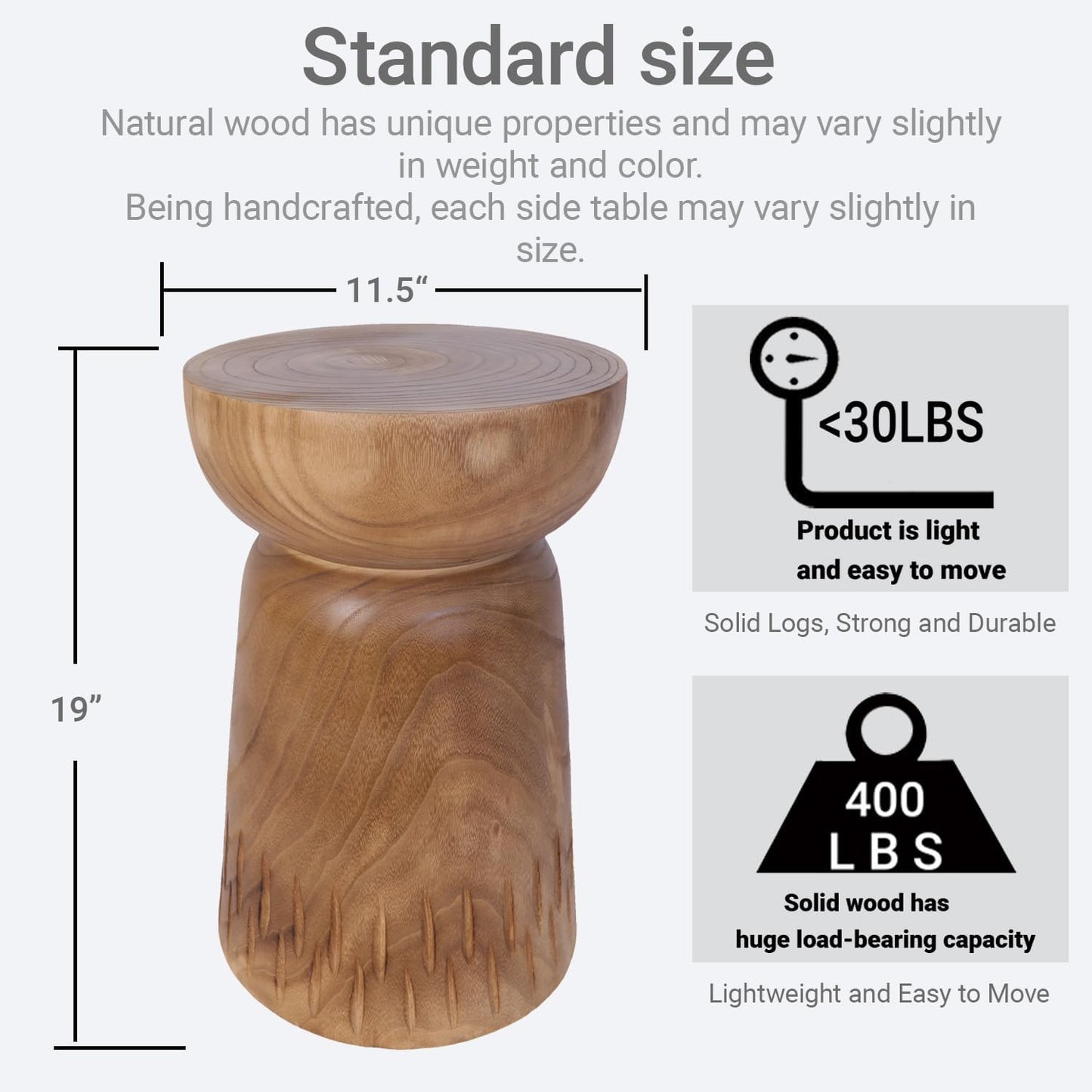 Athaliah 19”H Rustic Tree Stump Side Table – Natural Wooden End Table, Round Wood Accent Stool for Living Room, Patio, Garden, Balcony, or Home Decor（Natural Color）