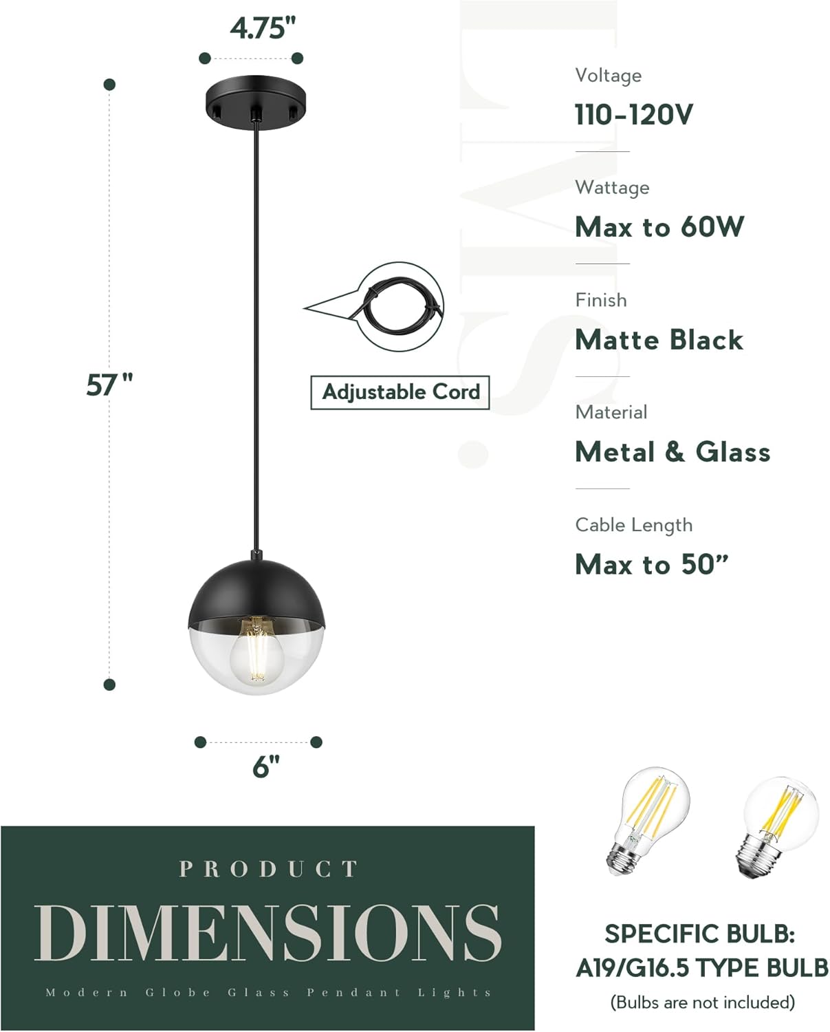 LMS 6-inch Modern Pendant Light, Matte Black Kitchen Pendant Light with Clear Globe Glass, Adjustable Hanging Farmhouse Pendant Light Fixtures for Dining Room Living Room Kitchen Island, LMS-186BKCS