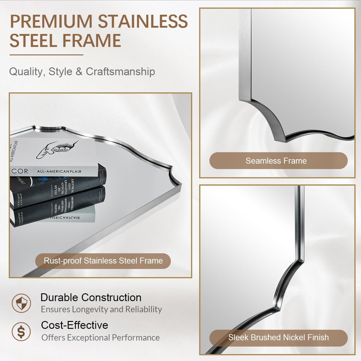 ANDY STAR Brushed Nickel Mirror, 22x30 Inch Silver Bathroom Vanity Mirror, Anti-Rust Stainless Steel 1" Frame, Unique Rectangular Mirror Ideal for Bathroom, Powder Room