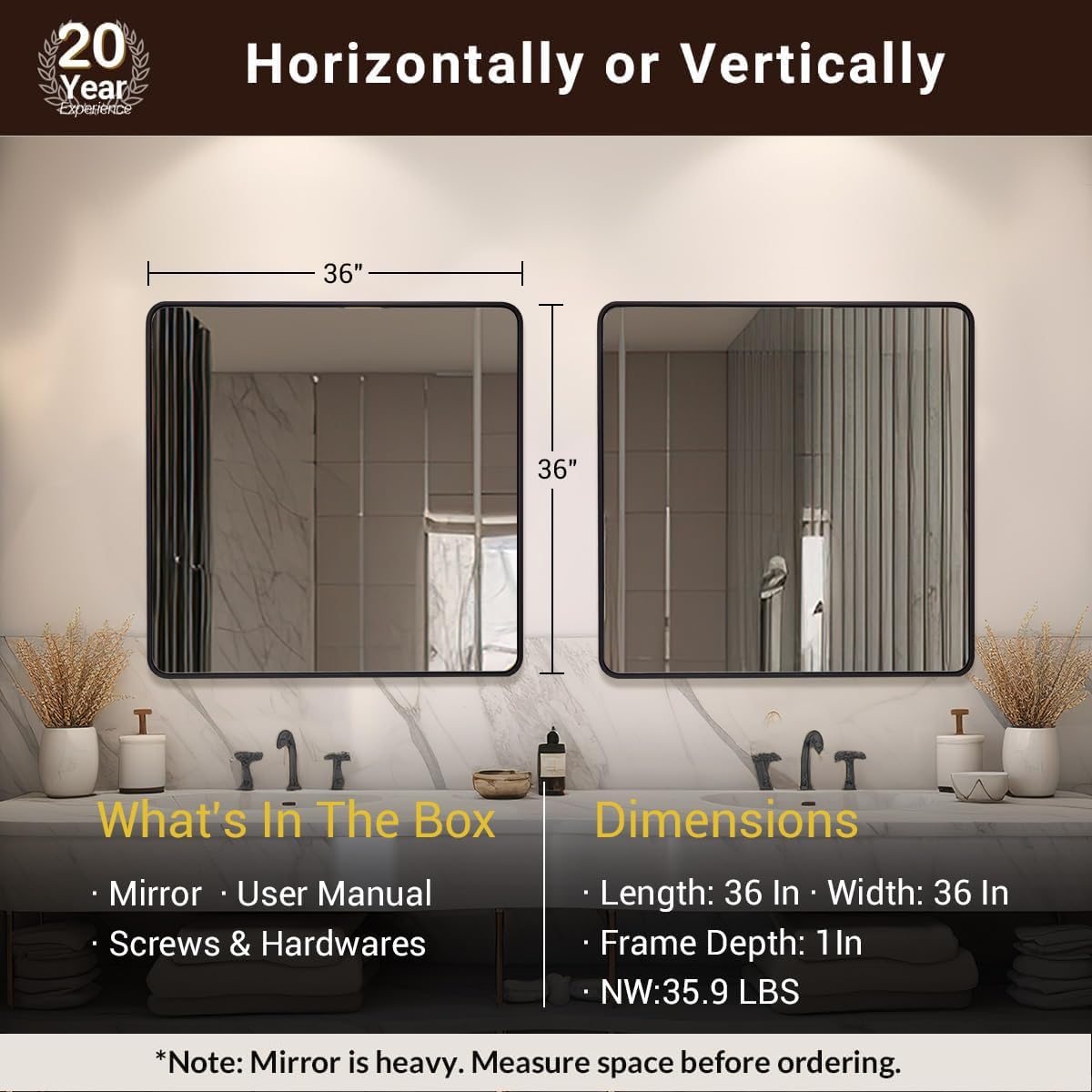 ANDY STAR 36X36 Inch Square Black Bathroom Mirror, Matte Black Vanity Mirrors for Wall, Rounded Square Mirror for Bathroom, Seamless Tube Metal Frame, 1’’ Deep Wall Mounted Vertical/Horizontal