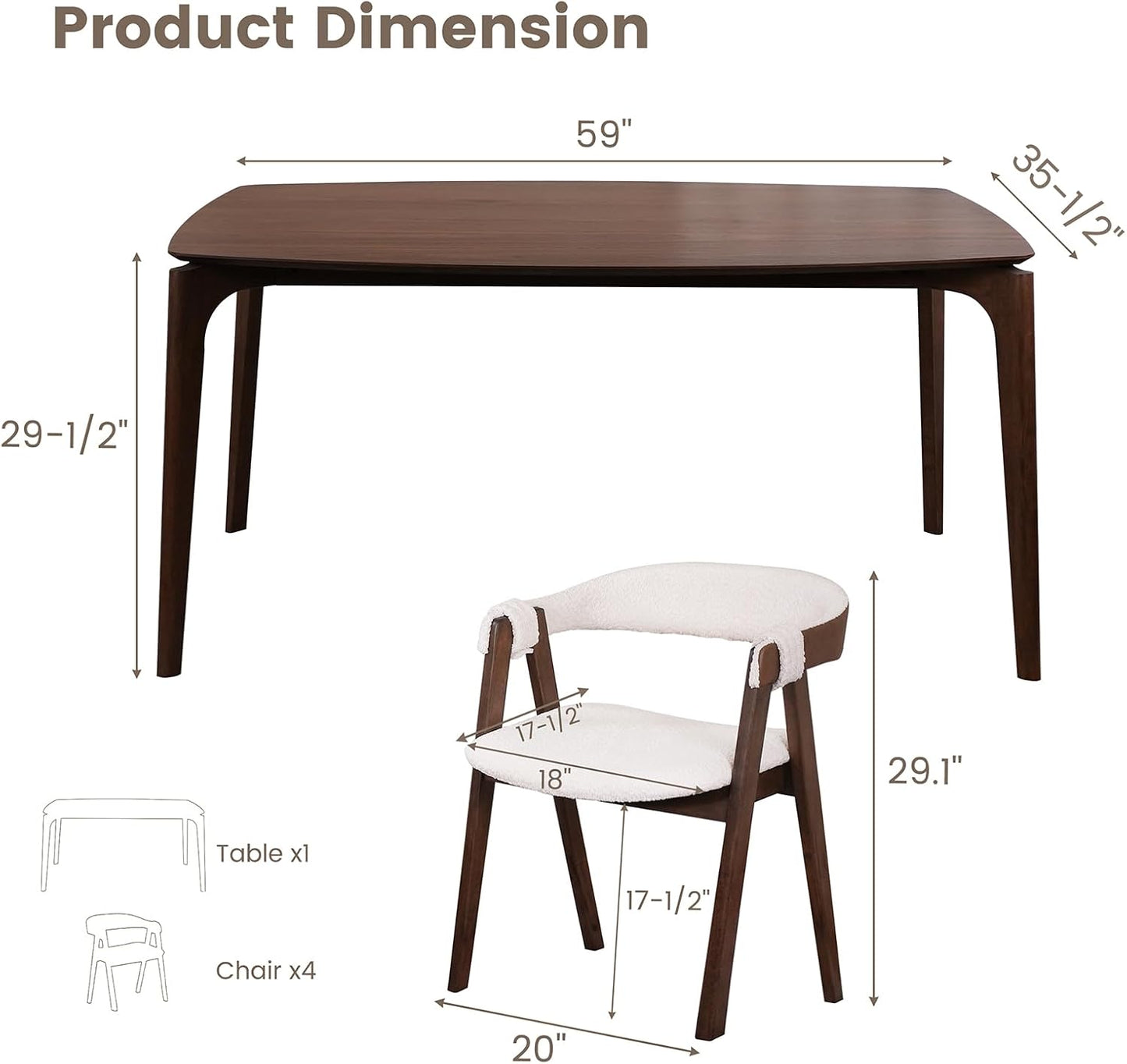 CONSDAN Dining Table for 4-6, Table Only, Walnut Veneer Top, Solid Wood Frame, Round Rectangular Shape, Softly Curved Edges, Elegant Look