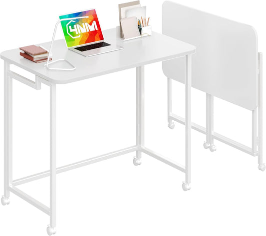 4NM 27.5" Mobile Small Rolling Computer Desk, Folding Laptop Cart Table with Wheels, Portable Office Desk for Small Space Couch Bed - All White