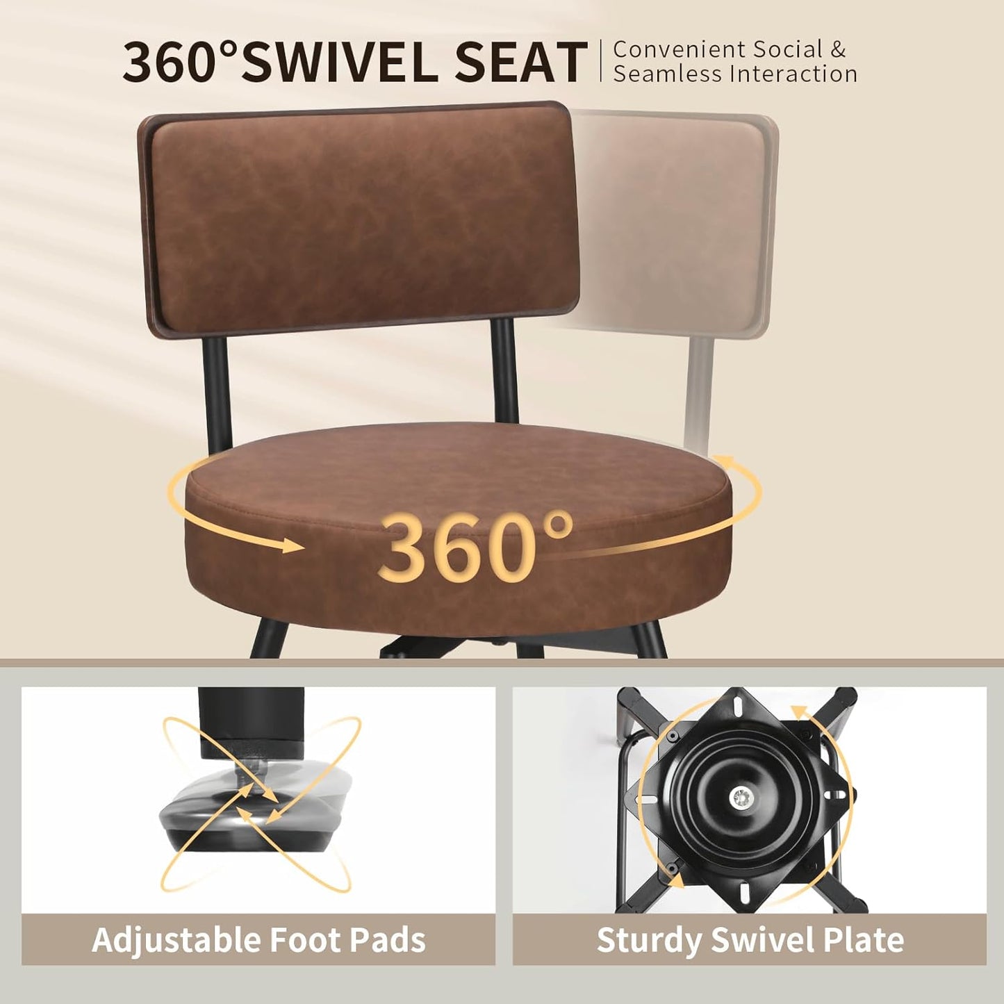 Bar Stools Set of 2, 25 Inch Swivel Bar Stools Bar Chairs, Faux Leather Counter Height Bar Stools with Backrest, Stools for Kitchen Counter Island Rustic Farmhouse, Brown