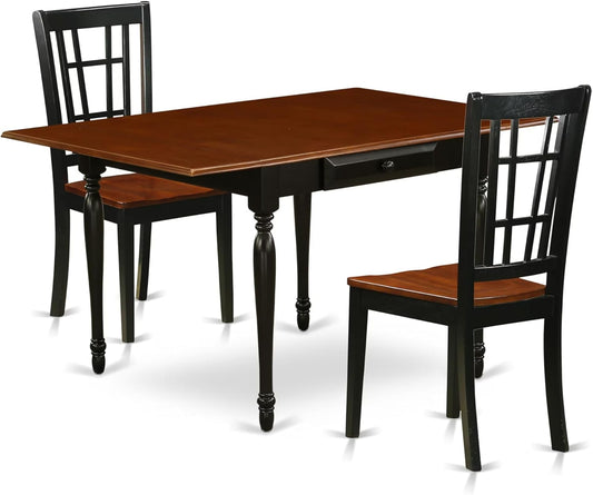 East West Furniture MZNI3-BCH-W 3 Piece Dining Table Set for Small Spaces Contains a Rectangle Dining Room Table with Dropleaf and 2 Wood Seat Chairs, 36x54 Inch, Black & Cherry