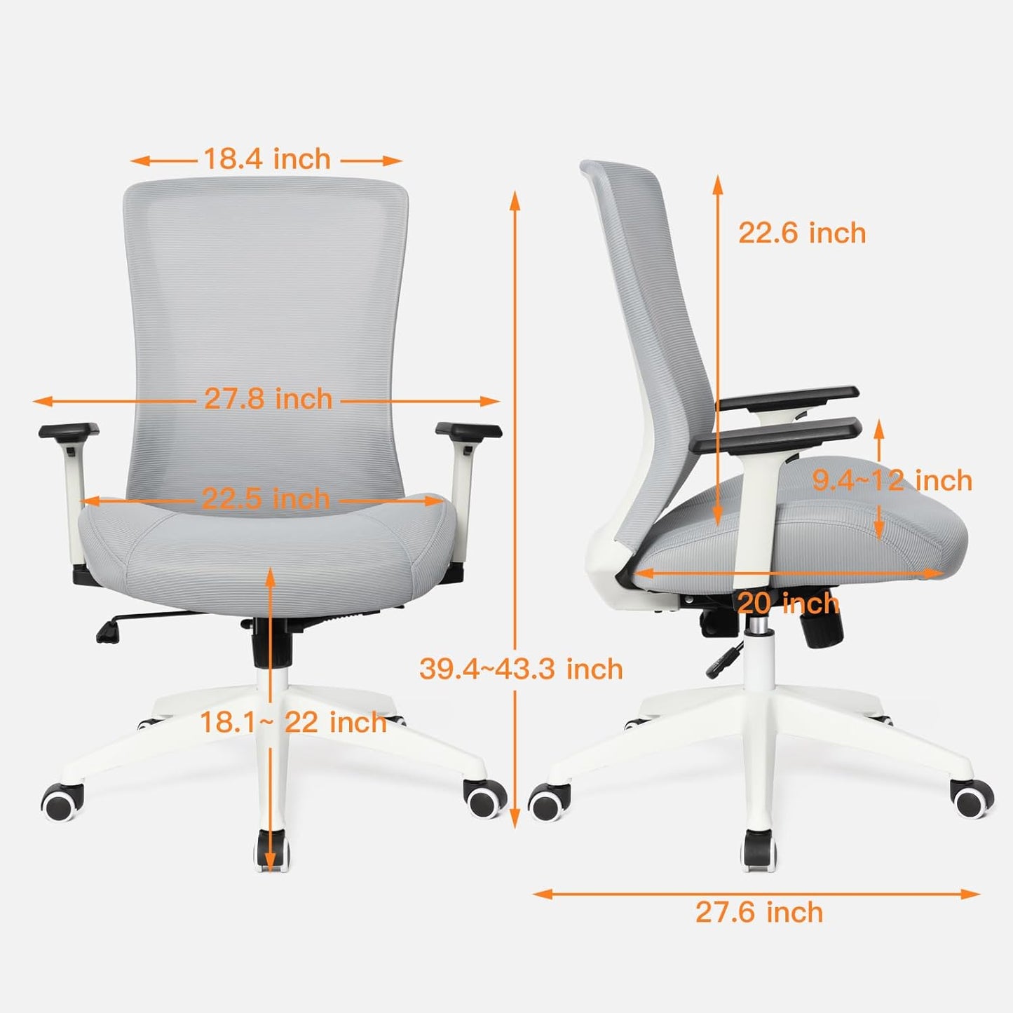Office Chair, Mesh Desk Chair Executive Computer Chair, 400lbs Big and Tall Office Chair for Heavy People, Home Office Desk Chair with Lumbar Support ＆Adjustable Height, White