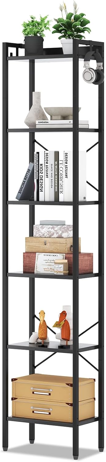 5 Tier Bookshelf, Bookcase with 5 Shelves, Storage Rack Organizer, Corner Wood Storage Shelf with Metal Frame for Bedroom, Living Room (Black)