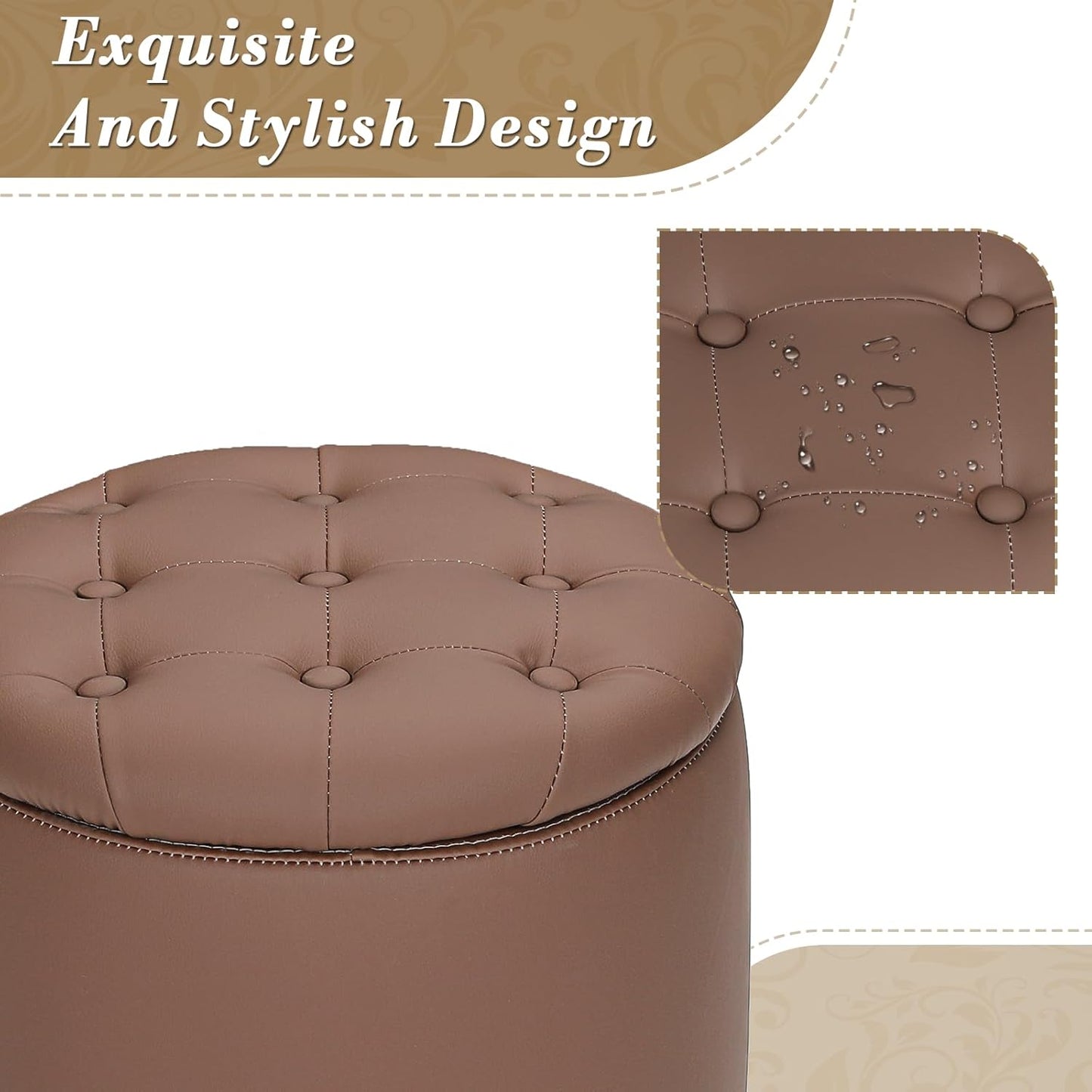 Athena Collection 15 Inch Small Ottoman with Storage, Round PU Leather Storage Ottoman Foot Rest with Removable Lid, Multipurpose Footstool Footrest for Living Room, Bedroom, Dorm, Brown