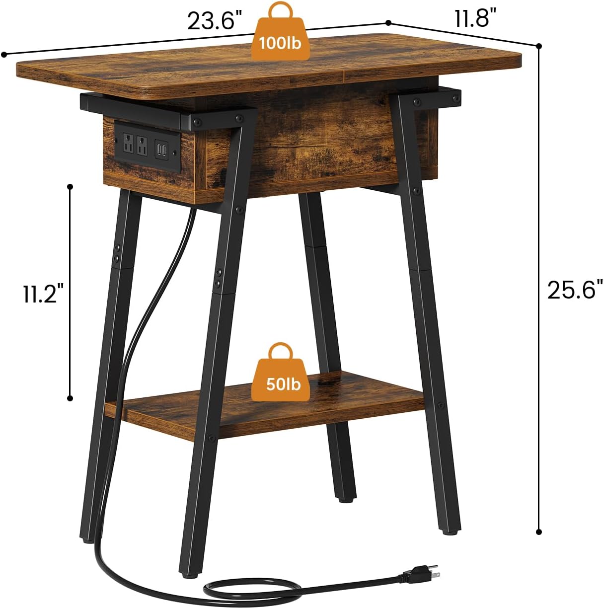 End Table with Charging Station, Flip Top Side Table with USB Ports and Outlets, Bedside Tables for Small Spaces,Nightstand with Storage Shelf for Living Room, Bedroom, Rustic Brown