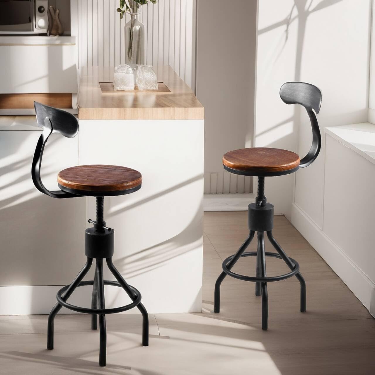 Diwhy Industrial Vintage Bar Stool, Kitchen Counter Height Adjustable Pipe Chair, Cast Iron Stool, Swivel Bar Stool with Backrest, Silver, Fully Welded Set of 2 Brown Wood Seat