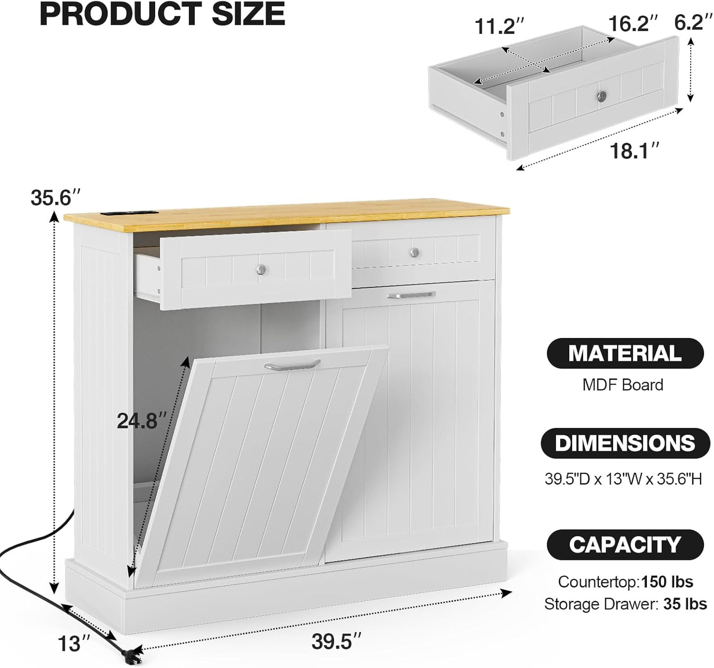 GAZHOME 20 Gallon Double Tilt Out Wooden Trash Cabinet with Charging Station, Upgrade Free Standing Recycling Cabinet with Outlet,White