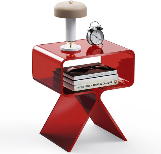 Acrylic Nightstand Side Table Modern Design Clear Home Decor Display End Table for Living Room (Red)