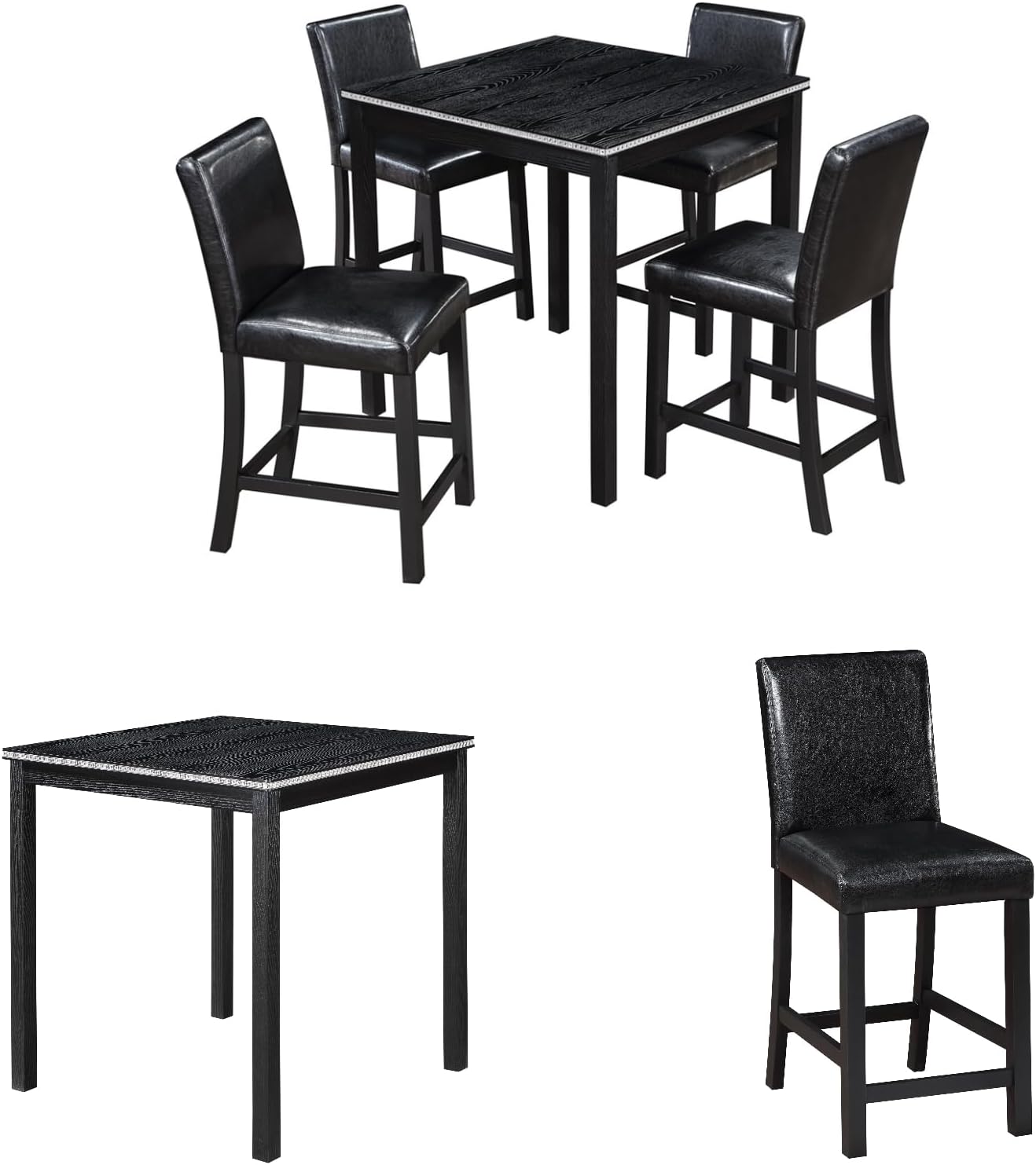 5PCS Wooden Counter Height Table Set, Square Table and 4 Upholstered Chairs, Dining Table with Crystal Decoration, for Kitchen, Dining Room,Black