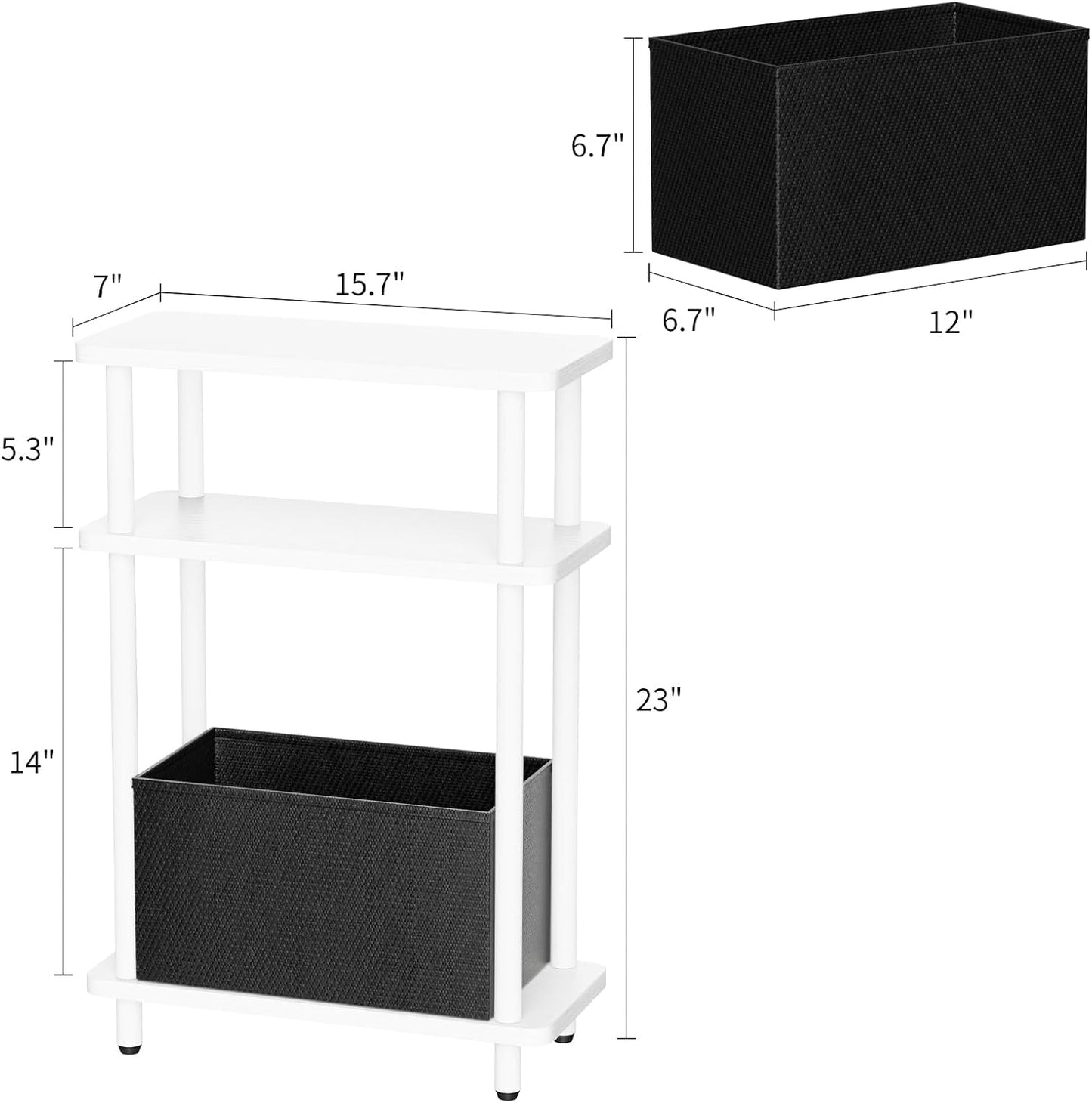 Narrow Side Table with Fabric Basket, 7" Wide, 3 Tier Skinny End Table with Wood Legs, Slim Nightstand/Bedside Table for Small Spaces, with Adjustable Feet, 15.7" L x 23" H, White