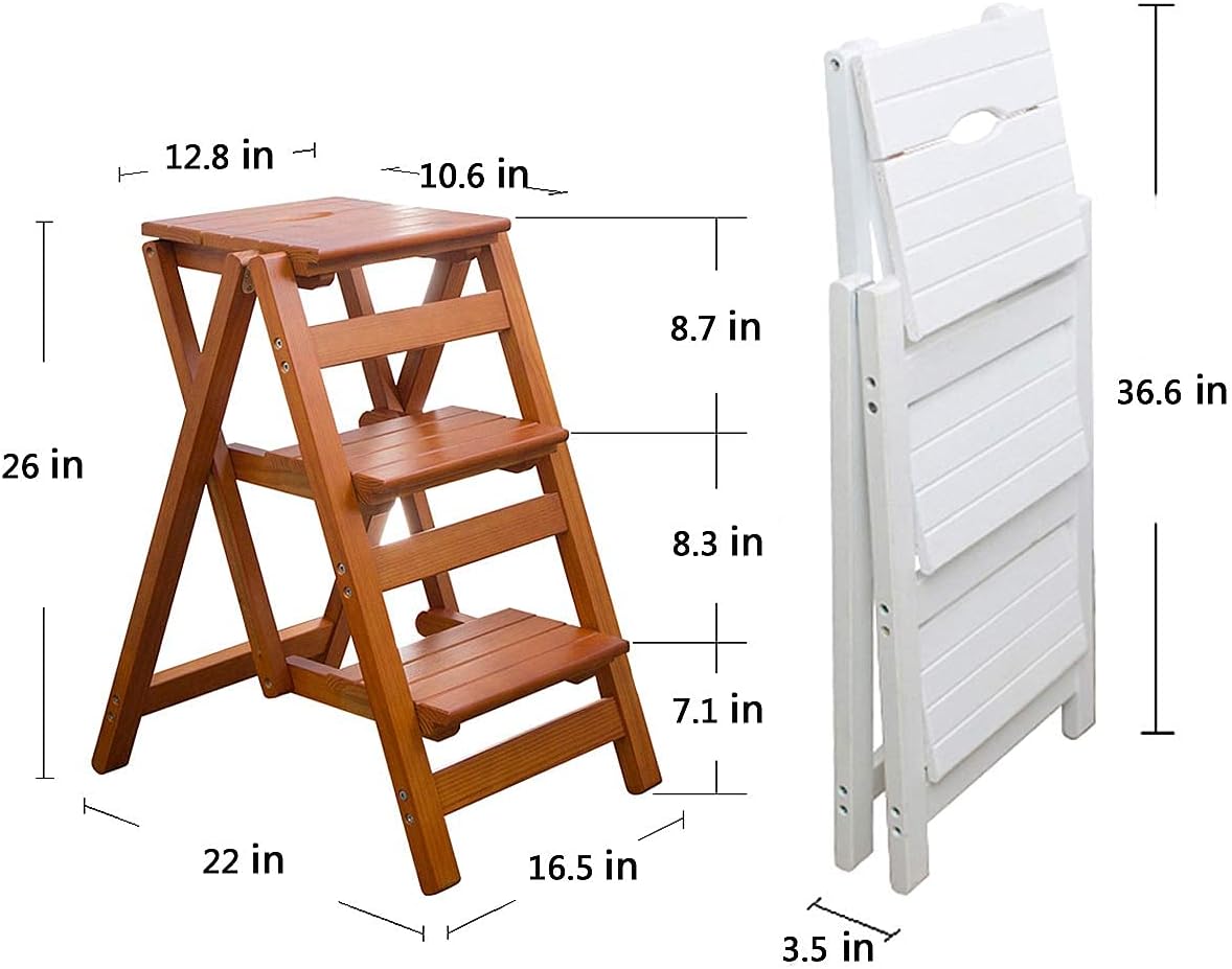 KINGBO Step Stool for Adults/Step Ladder/Counter Chair, 3-Step Folding Portable Wooden Step Stool, Anti-Slip & Lightweight (Nut - Brown)