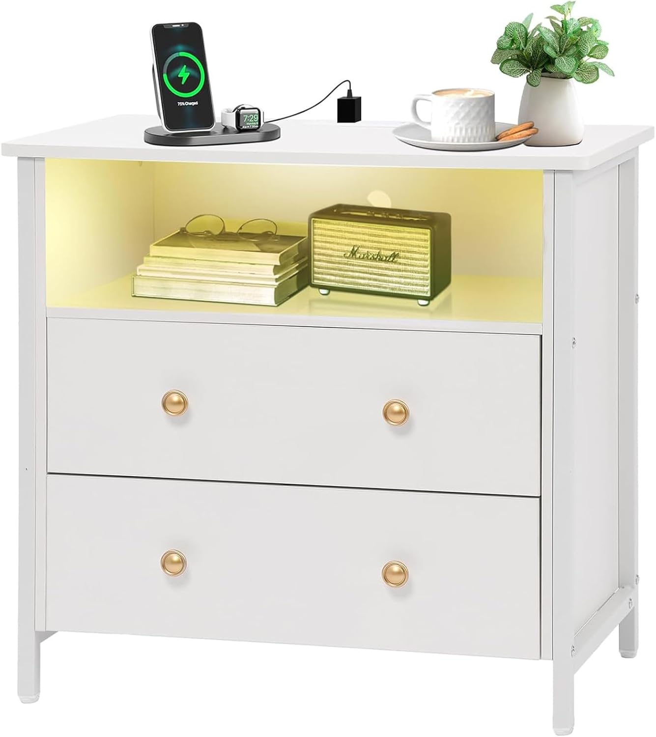 27 Inch Wide Night Stand, Large Wood Night Stand with 2 Drawers, LED Nightstand with Charging Station and Adjustable Drawer, Bedside Table for Living Room/Bedroom/Study/Office, White.