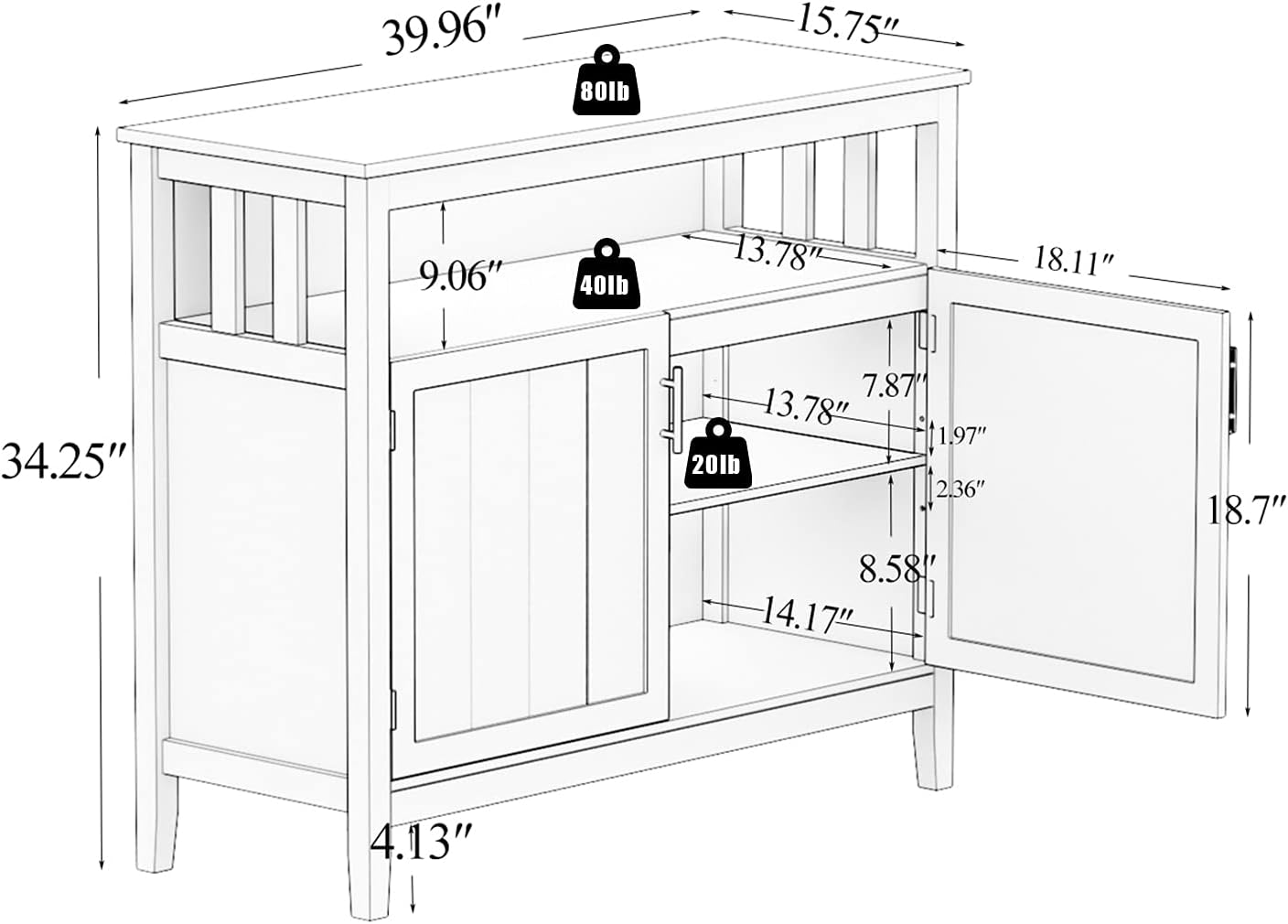 RASOO Espresso Buffet Cabinet, Modern Design with 2 Doors, Large Storage, MDF+Wood, 39.96x15.75x34.25 inches
