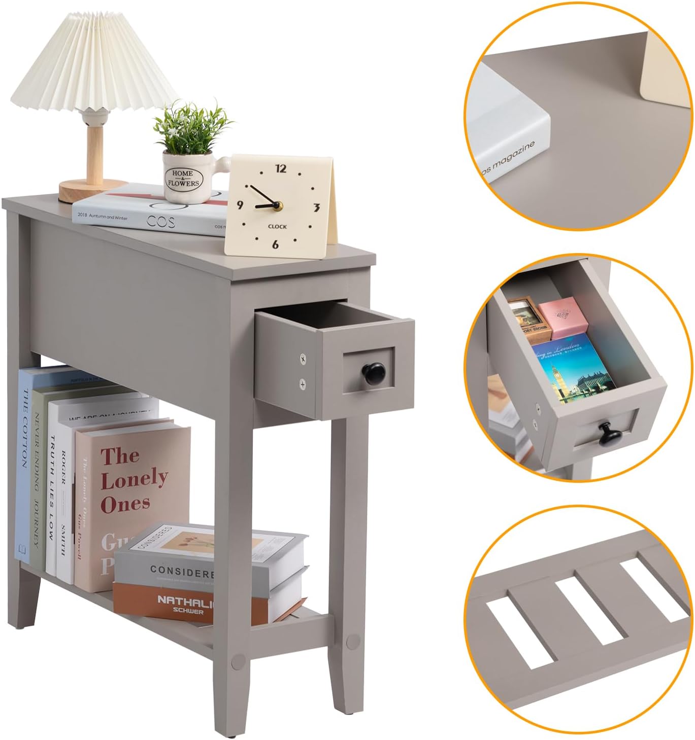 Gery Chairside Narrow End Table, Solid Recliner Side Table with Drawer, Slim Nightstand Bedside Table for Living Room Bedroom