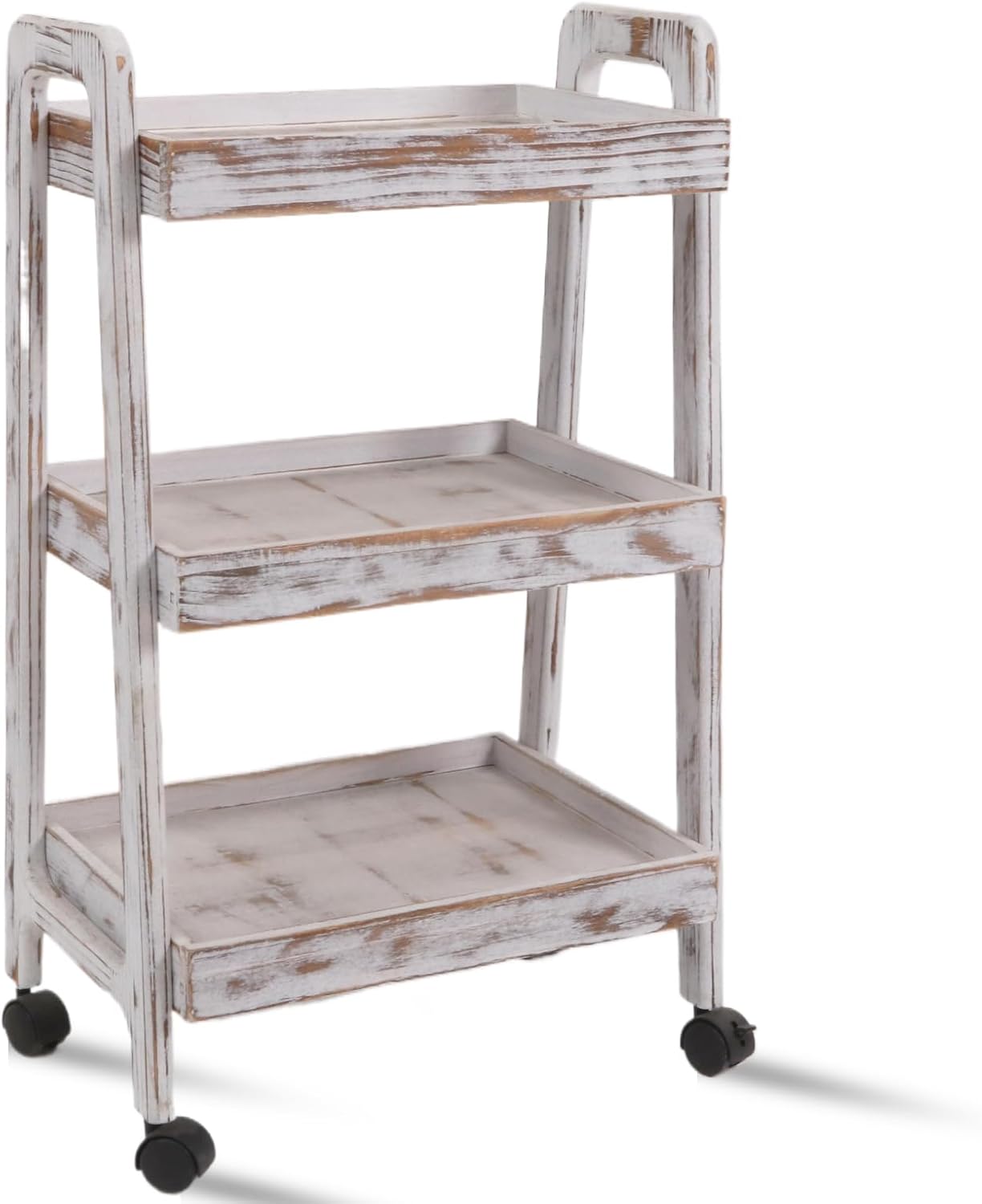 3-Tiers Ladder Shelf with Wheels, Wooden Rolling Cart,Solid Pine Wood Ladder Shelf, Side End Table for Living Room, Storage Cart Organizer for Kitchen,Studio,Classroom, Bathroom (Retro White)