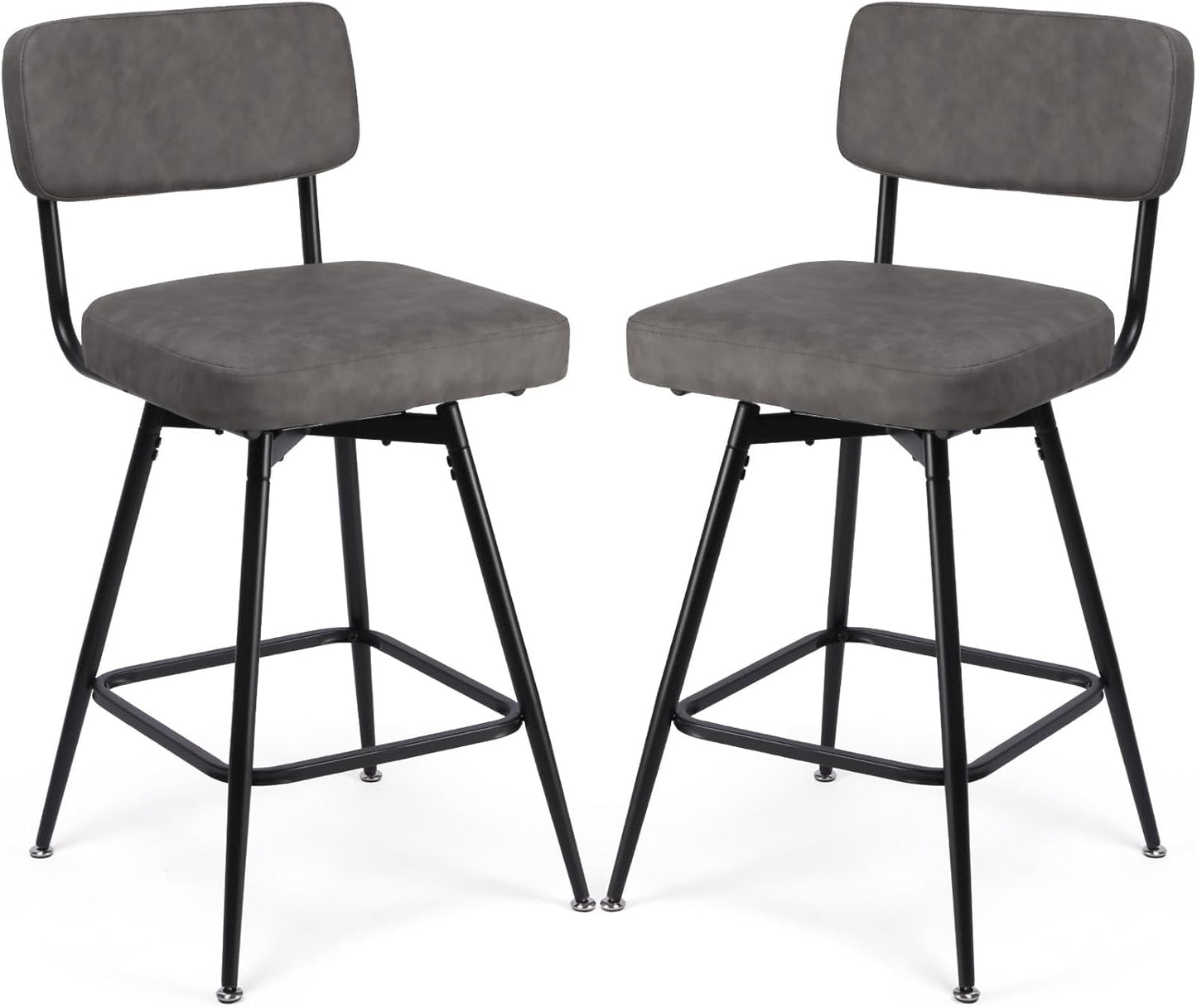 Swivel Counter Height Bar Stools Set of 2, Faux Leather Bar Stools with Back, Metal Legs and Footrest, 26" Seat Height Barstools for Kitchen Islands and Home Bars, Easy Assembly, Grey&Black