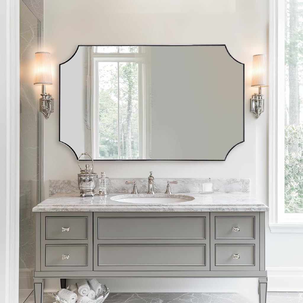 ANDY STAR 30x48 Inch Chrome Mirror, Large Scalloped Bathroom Mirror, Unique Rectangle Mirror with Rust-Proof Stainless Steel 1" Frame, Hangs Vertically or Horizontally