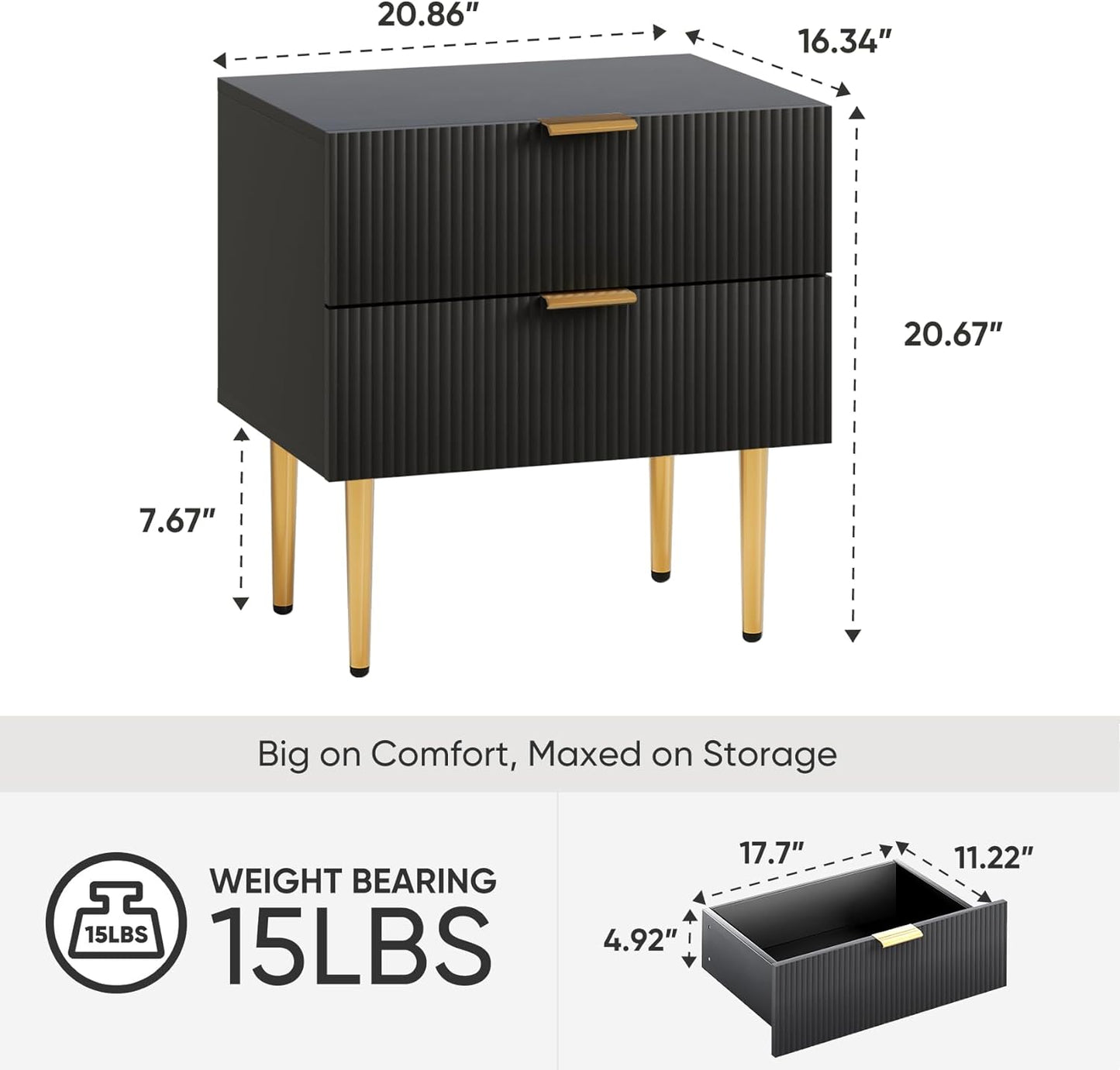 Set of 2 Nightstand, Black Mid Century Modern Night Stand with Fluted Panel, Bedside Table with 2 Drawer, Large NightStand with Gold Leg for Bedroom