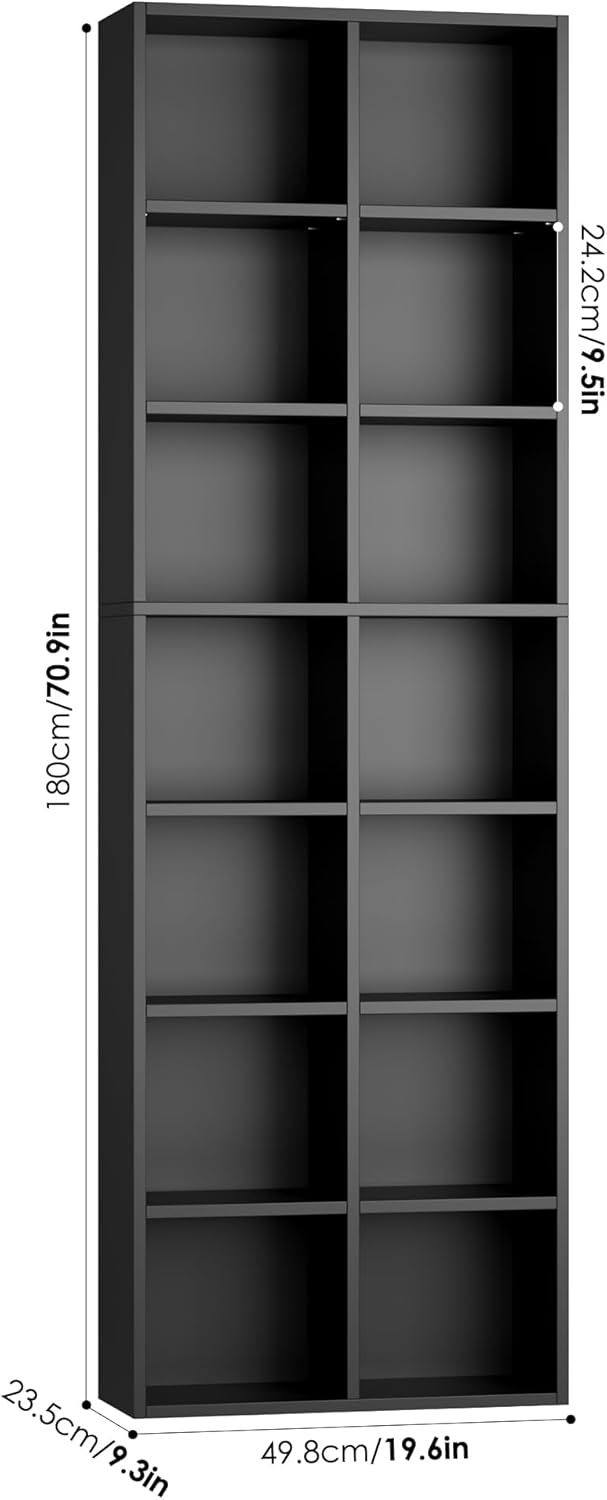 FOTOSOK 71'' Tall Bookshelf, Double Wide Media Tower Rack CD DVD Rack Display Cabinet with Adjustable Shelves, Tall Narrow Bookcase Black Bookshelf for Home Office, Black