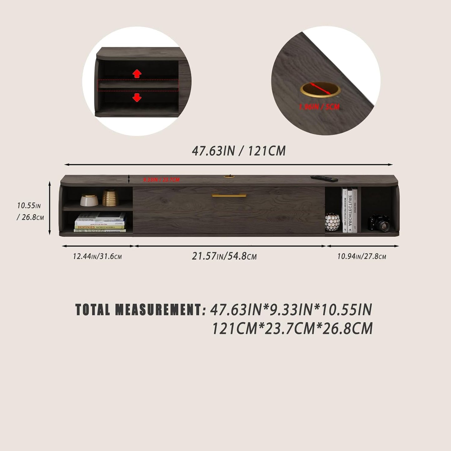 Floating TV Unit, 47'' Wall Mounted TV Cabinet, Floating Shelves with 4 Cabinets, Wooden Entertainment Media Console Center Large Storage TV Bench for Living Room & Office (47IN, Dark Grey)