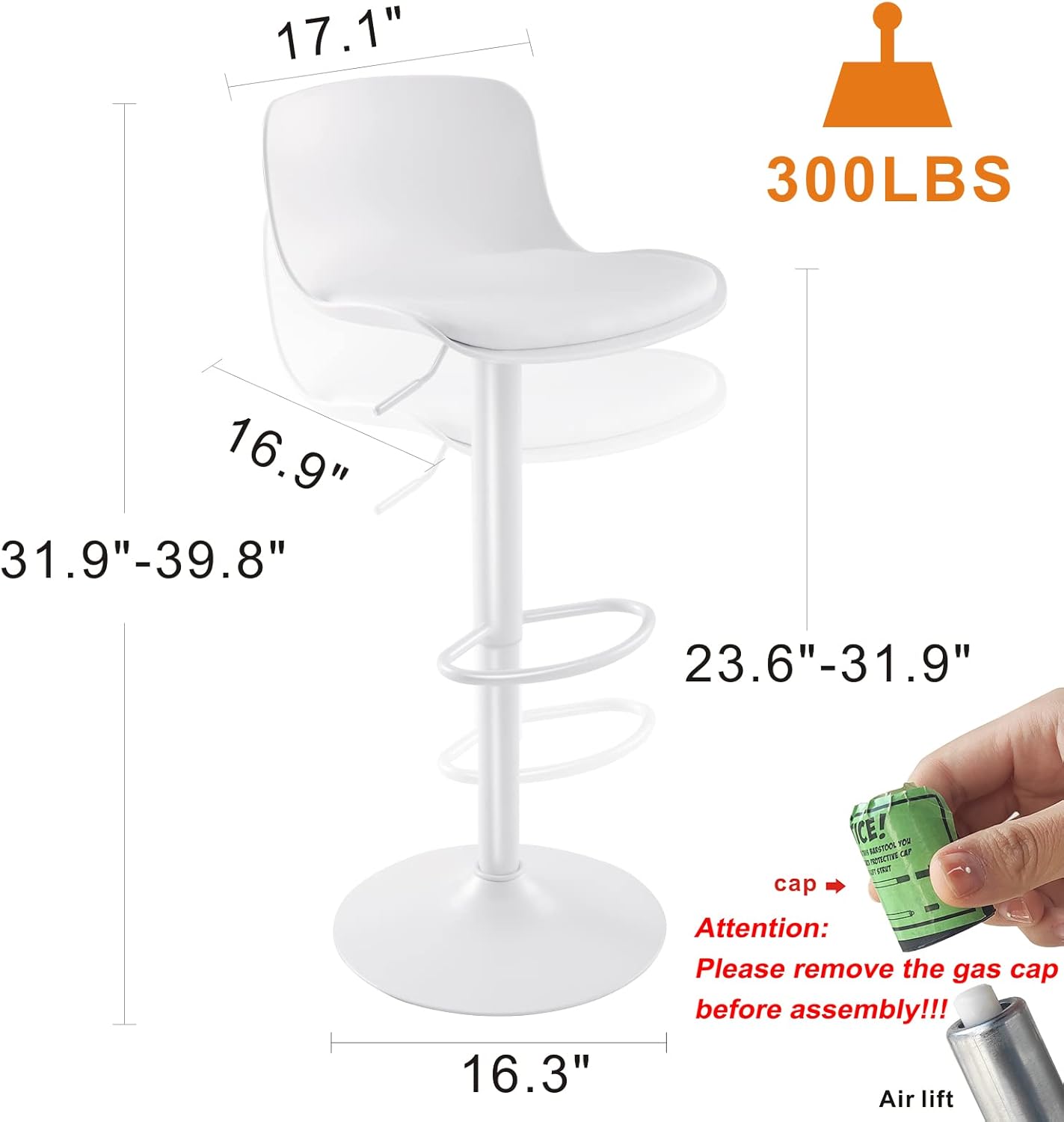 YOUTASTE White Bar Stools Set of 2 Adjustable Counter Height Bar Stool PU Leather Metal Barstools with Back Swivel High Top Bar Chairs Home Kitchen