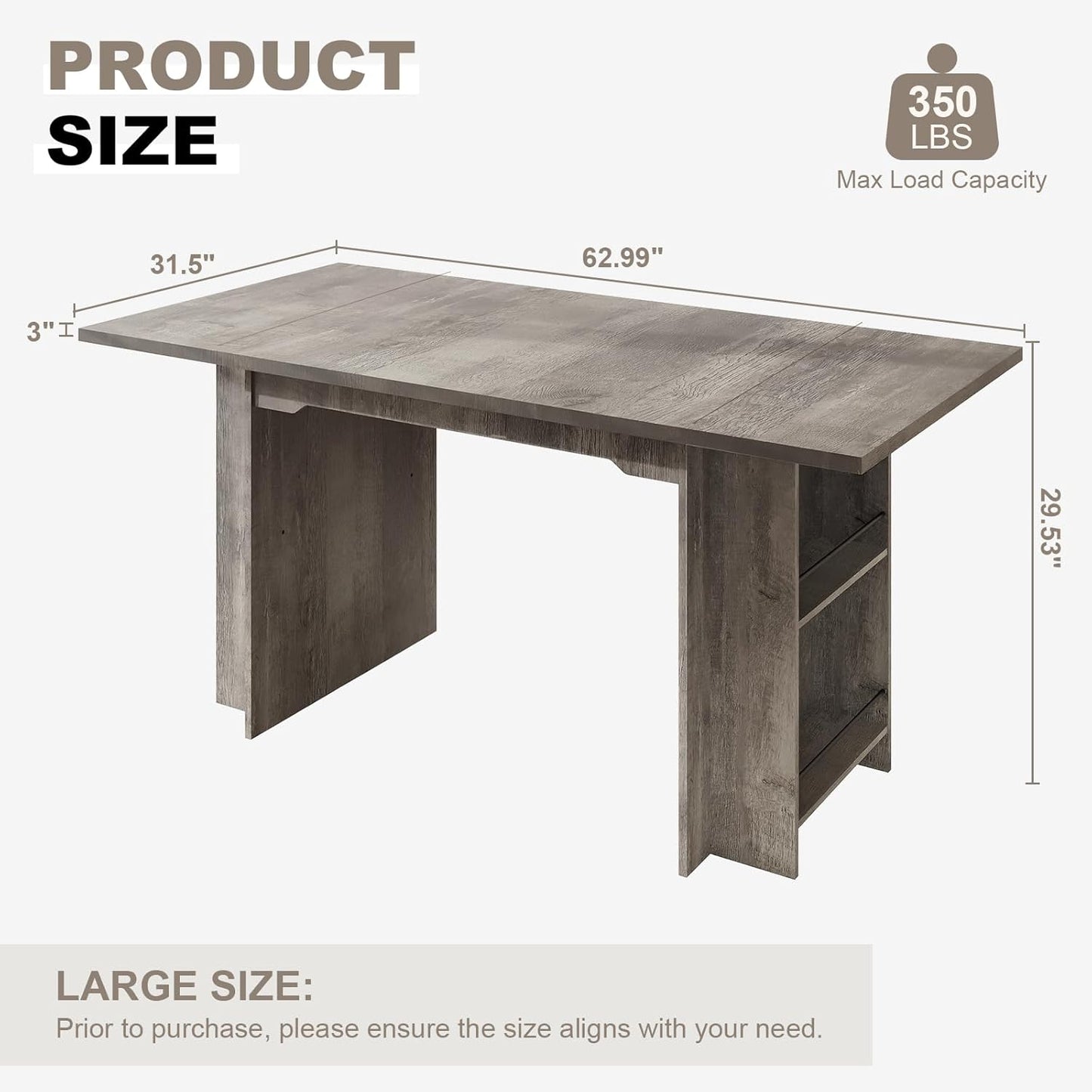 Garvee 63 Inch Dining Table for 2-4, Farmhouse Rectangular Kitchen Table with Waterproof Wood Tabletop, Heavy Duty Legs & 2-Tier Storage Shelves for Kitchen, Dining Room, Grey