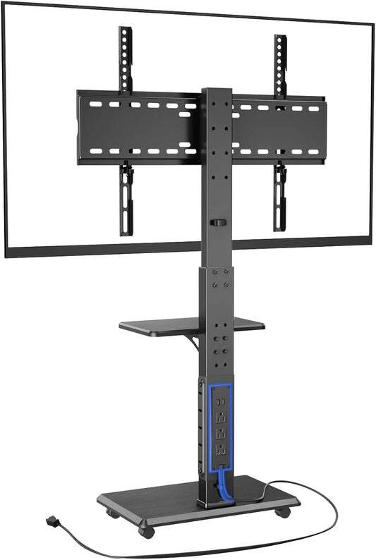 Rolling TV Stand with Power Outlet, Mobile TV Cart for 32-75 Inch TVs up to 110 lbs, 18 Adjustable Heights, Max VESA 600x400mm, TV Floor Stand with Swivel Mount/Shelf/Wheels, Fits for Bedroom, Outdoor