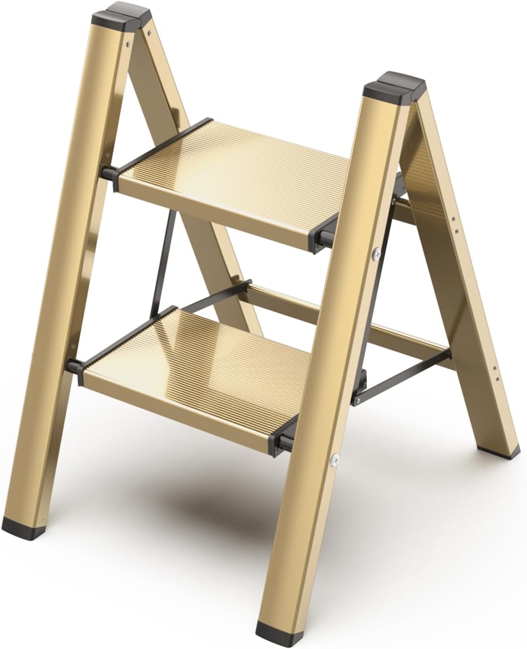 2 Step Ladder, Aluminum Lightweight Folding 2 Step Stool with Anti-Slip Wide Pedal,330lbs Capacity Steel Ladder for Household and Office(Gold)