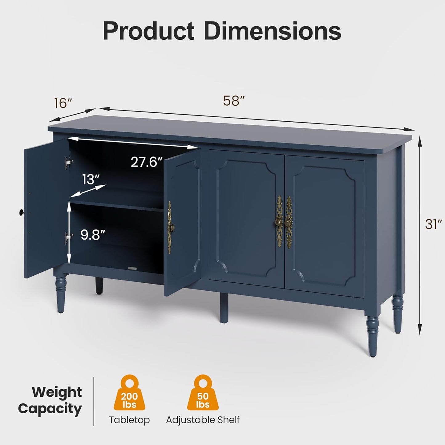 Console Cabinet, 58'' Mid Century Modern Pantry Cabinet, Wood Buffet Cabinet, Media Cabinet with 4 Doors, Accent Cabinet for Entryway, Living Room, Dining Room (Blue)