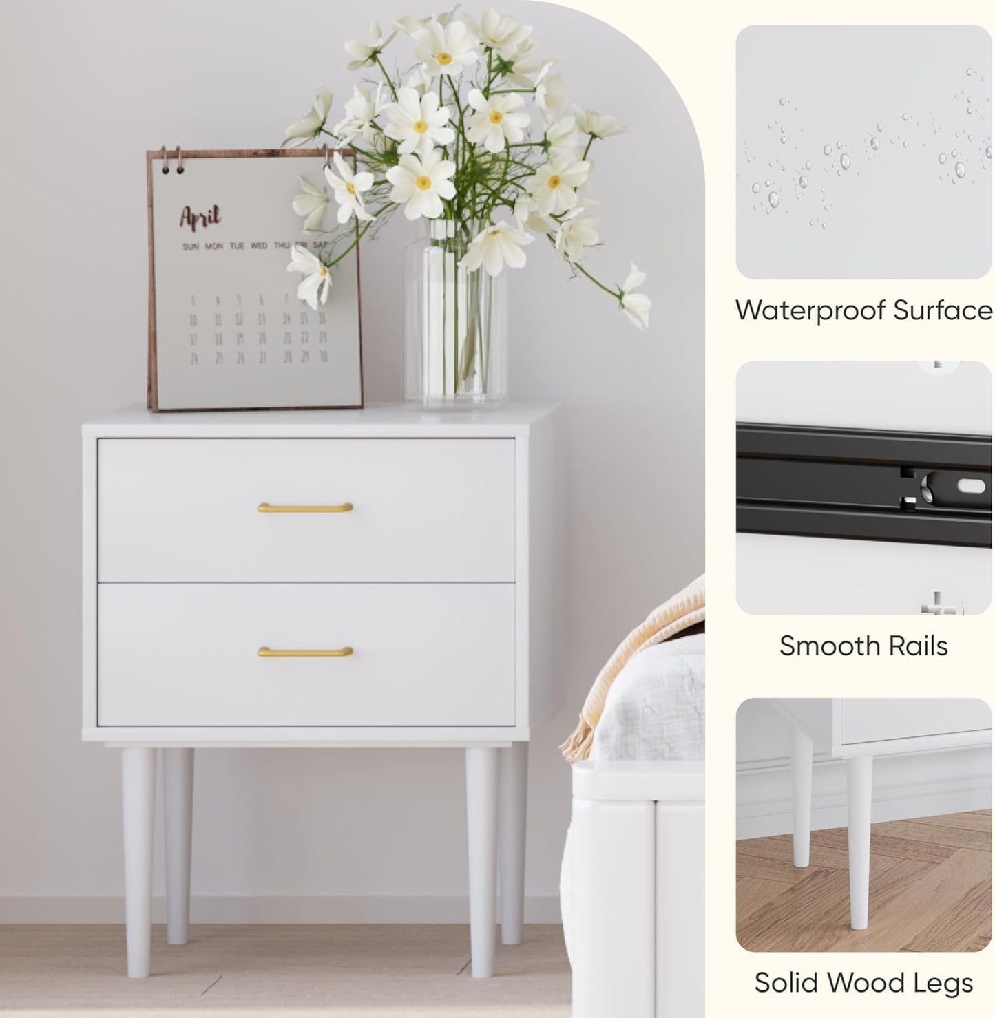 Set of 2 White Nightstand with 2 Drawers,Tall Night Stand with Gold Handles, Bedside Table with Solid Wood Legs, Nightstands for Bedroom