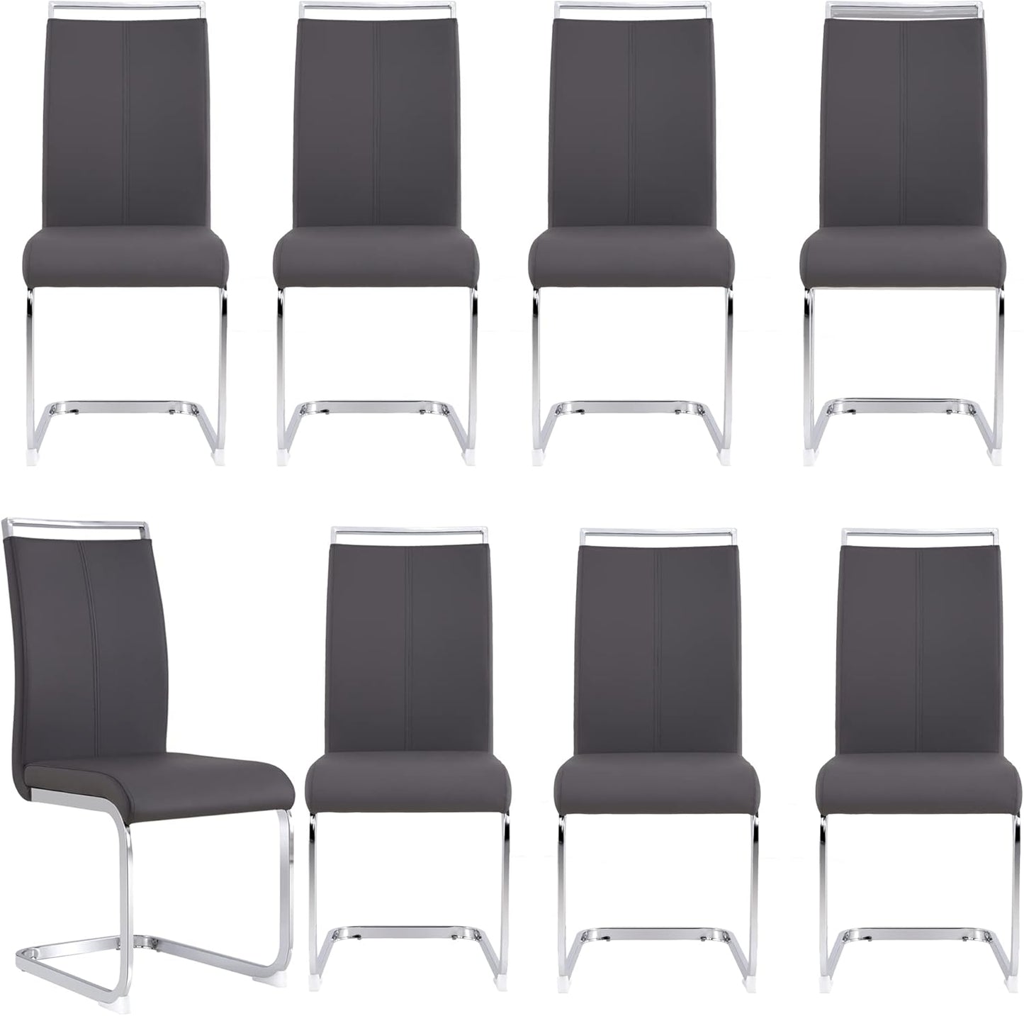 Dining Chairs Set, Kitchen Modern Metal Chairs with Faux Leather Padded Seat High Back and Sturdy Chrome Legs, Chairs for Dining Room (Grey, Set of 8)