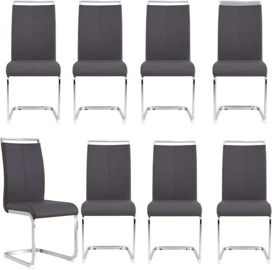 Dining Chairs Set, Kitchen Modern Metal Chairs with Faux Leather Padded Seat High Back and Sturdy Chrome Legs, Chairs for Dining Room (Grey, Set of 8)
