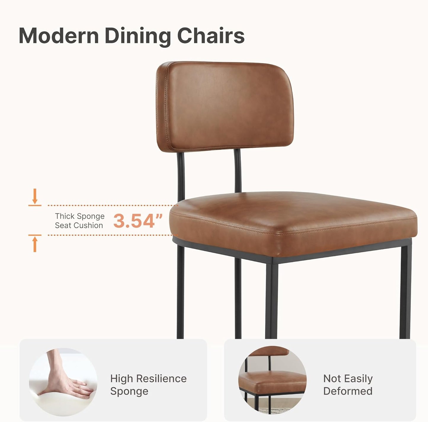 Dining Chairs Set of 4, Upholstered Modern Kitchen Chairs with Ergonomic Backrest, Faux Leather Cushion Seat & Metal Legs for Living Room, Restaurant, and Café, Brown, 2 Boxs