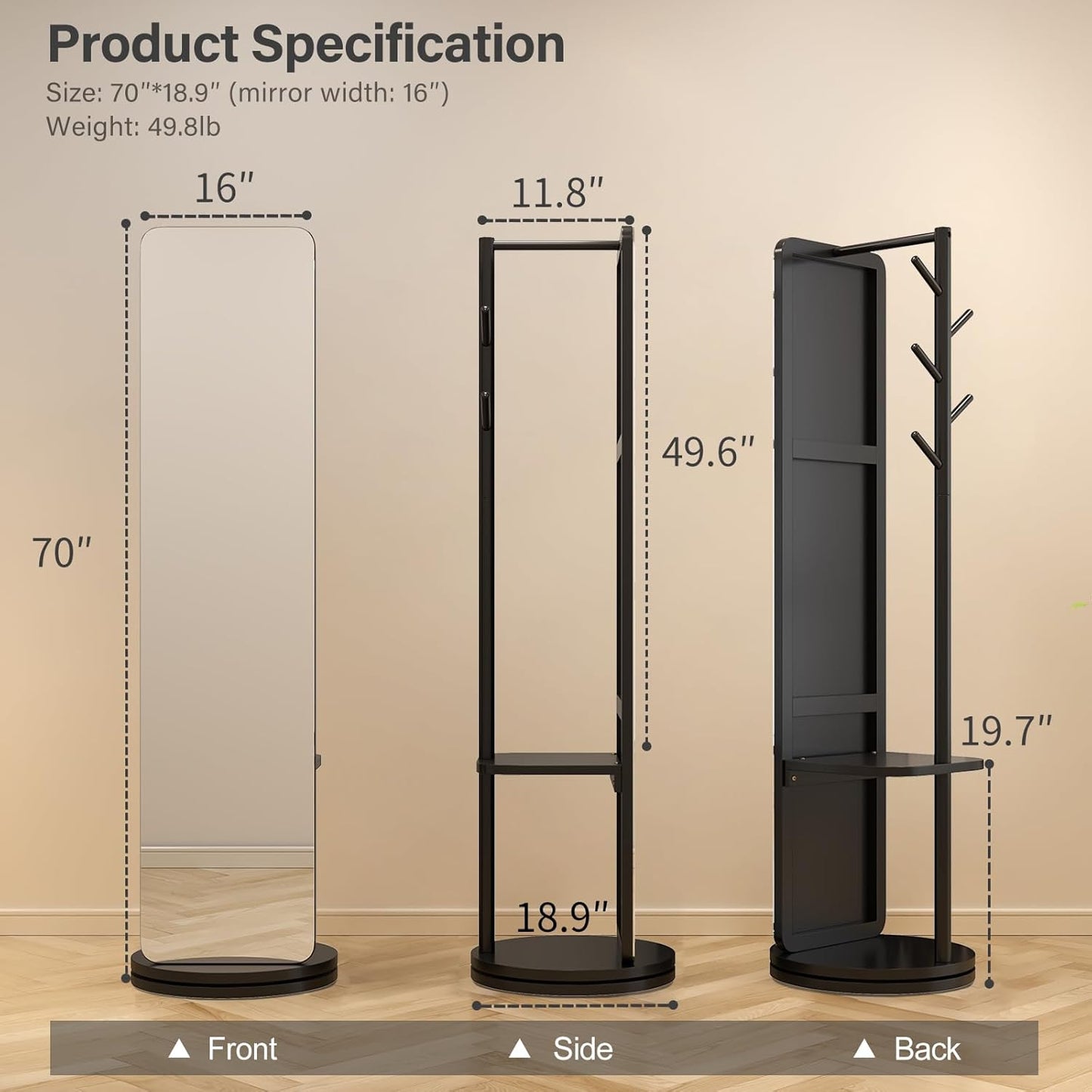 70"x16"Full Length Mirror with Stand,Coat Rack with Mirror,Solid Wood Floor Mirror,Swivel Mirrorfor Bedroom, Living Room, Cloakroom