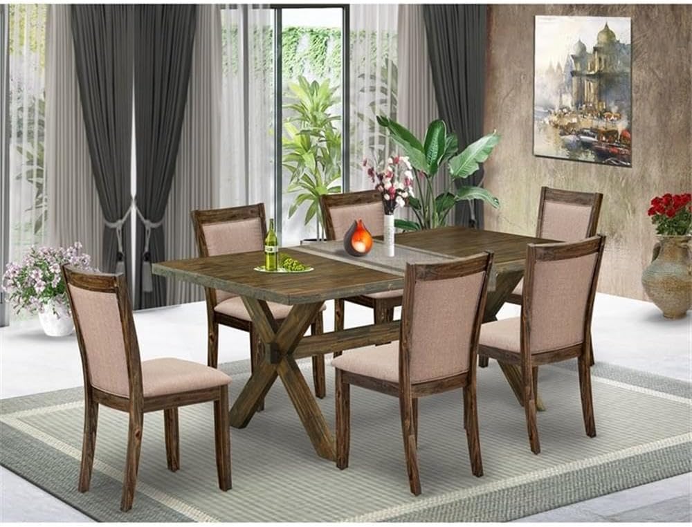 East West Furniture X777MZ716-7 7 Piece Dining Set Consist of a Rectangle Dining Room Table with X-Legs and 6 Dark Khaki Linen Fabric Upholstered Parson Chairs, 40x72 Inch, Multi-Color