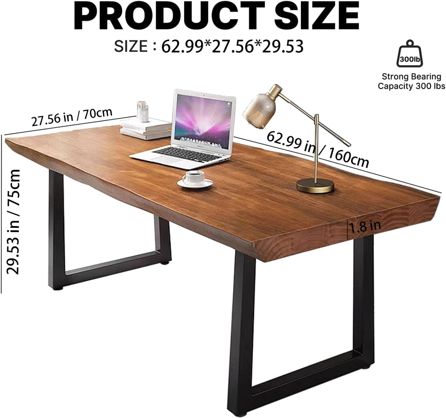 Modern Minimalist Solid Wood Office Desk with Metal Base Easy to Assemble Durable Writing Table Dining Table Computer Desk Multiple Ideal for Living Room and Dining Room (63inch)
