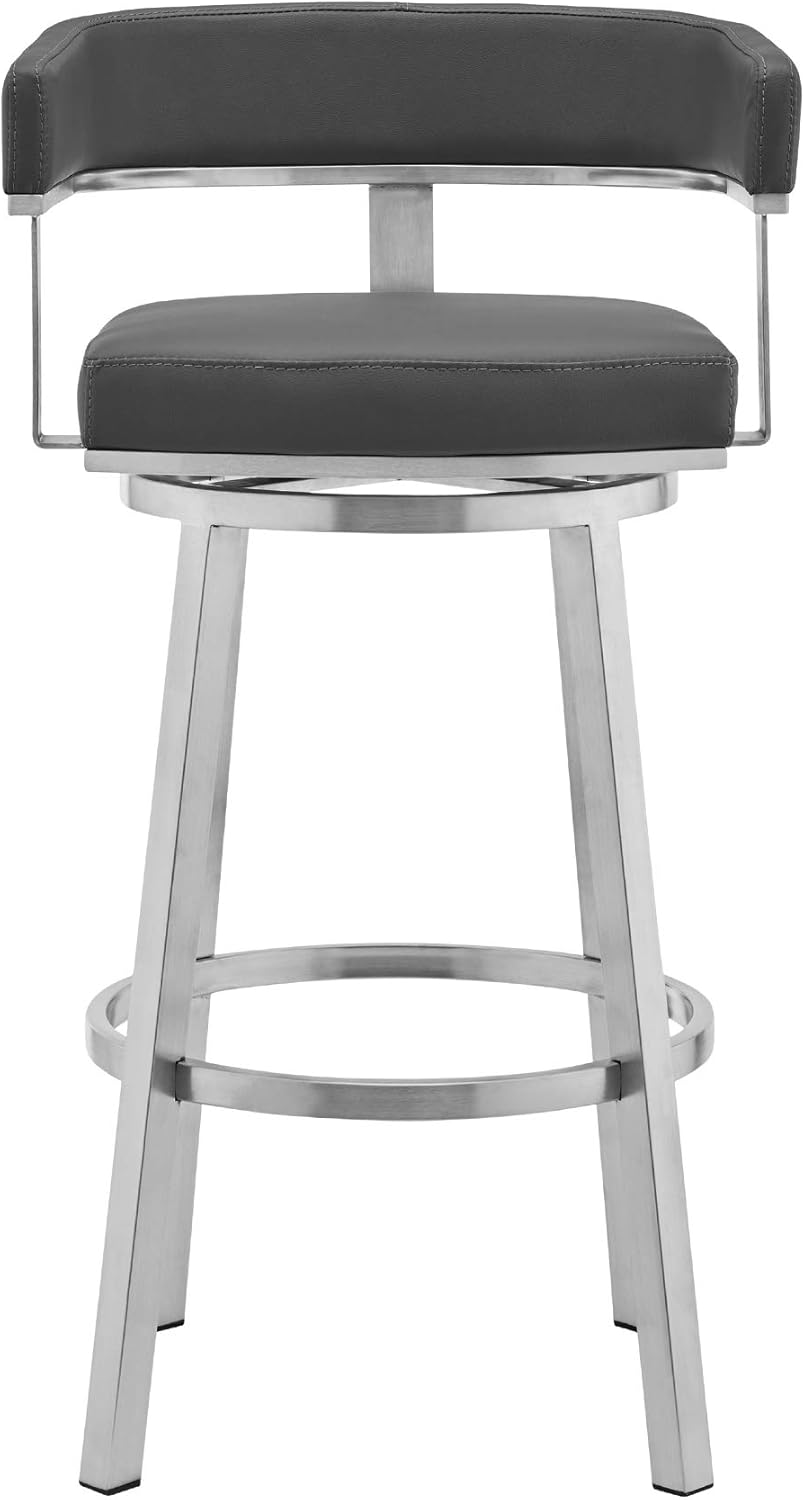 Armen Living Lorin Modern 26" Seat Height Gray Faux Leather and Brushed Stainless Steel Metal Swivel Bar Stool for Kitchen Island Counter