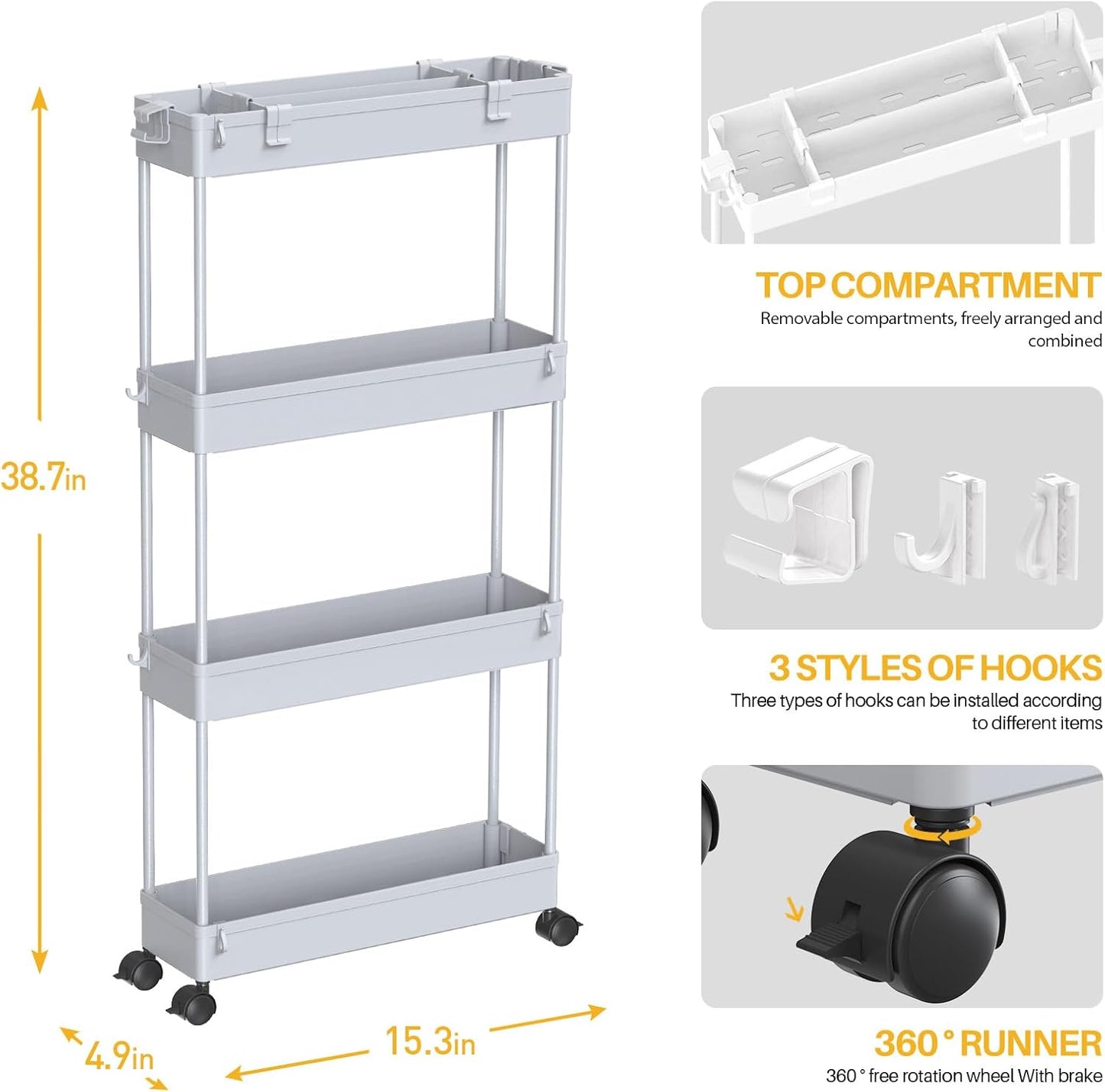 SPACELEAD Slim Storage Cart 4 Tier,Bathroom Organizer Rolling Utility,Mobile Shelving Unit Slide Out for Office, Kitchen, Laundry Room & Narrow Places,Gray