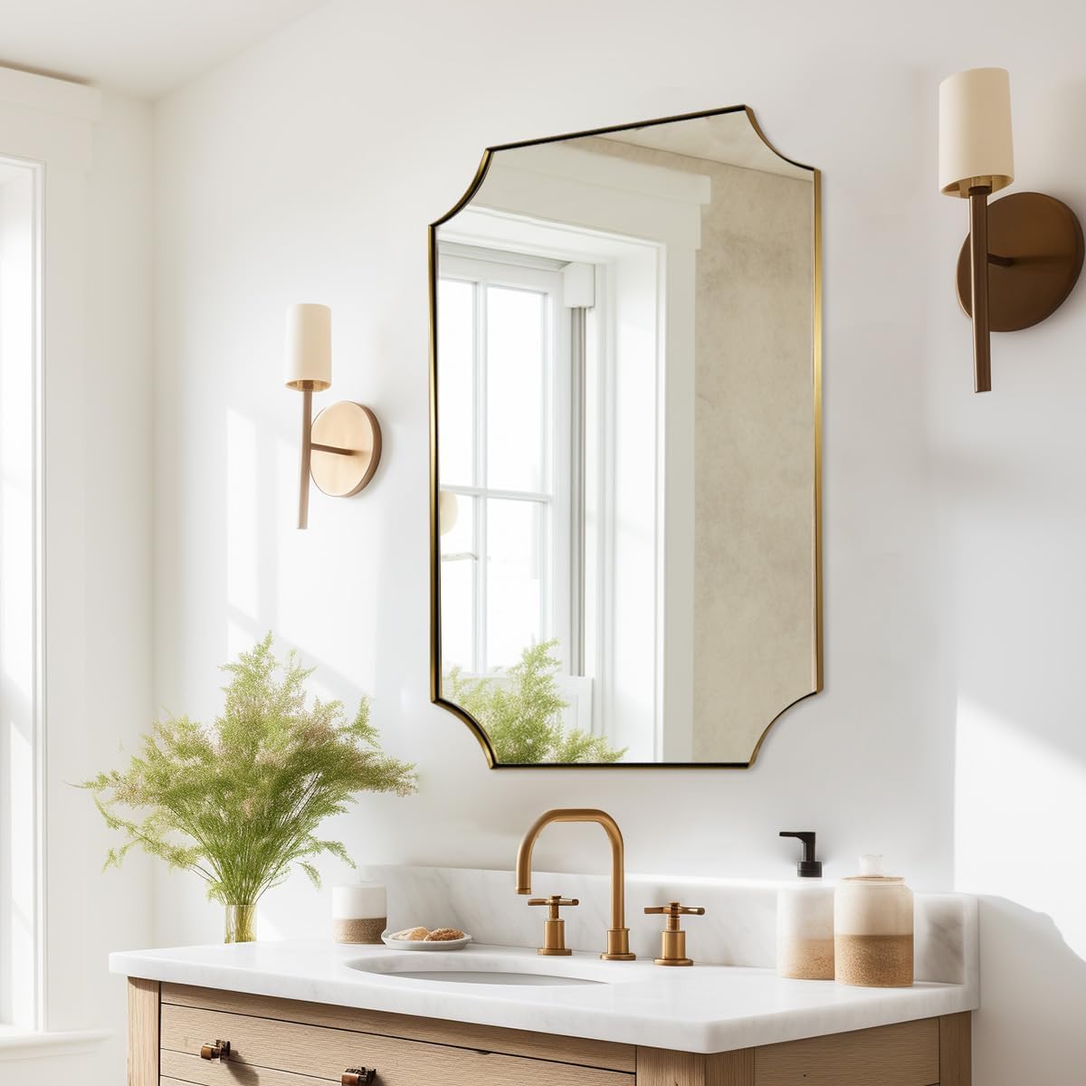 ANDY STAR Brushed Gold Rectangle Mirror, 24x36 Inch Scalloped Bathroom Mirror, Unique Rectangular Mirror with Scalloped Design, Anti-Rust Stainless Steel Frame Deep 1"