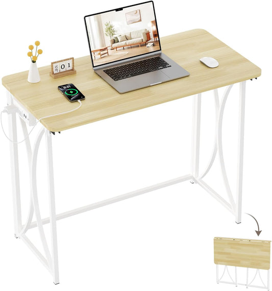 Mini Desk, 31.5" Small Desk for Bedroom with Power Outlet, Foldable Desks for Small Spaces & Home Office, Easy Assembly, Beige Floor Patten