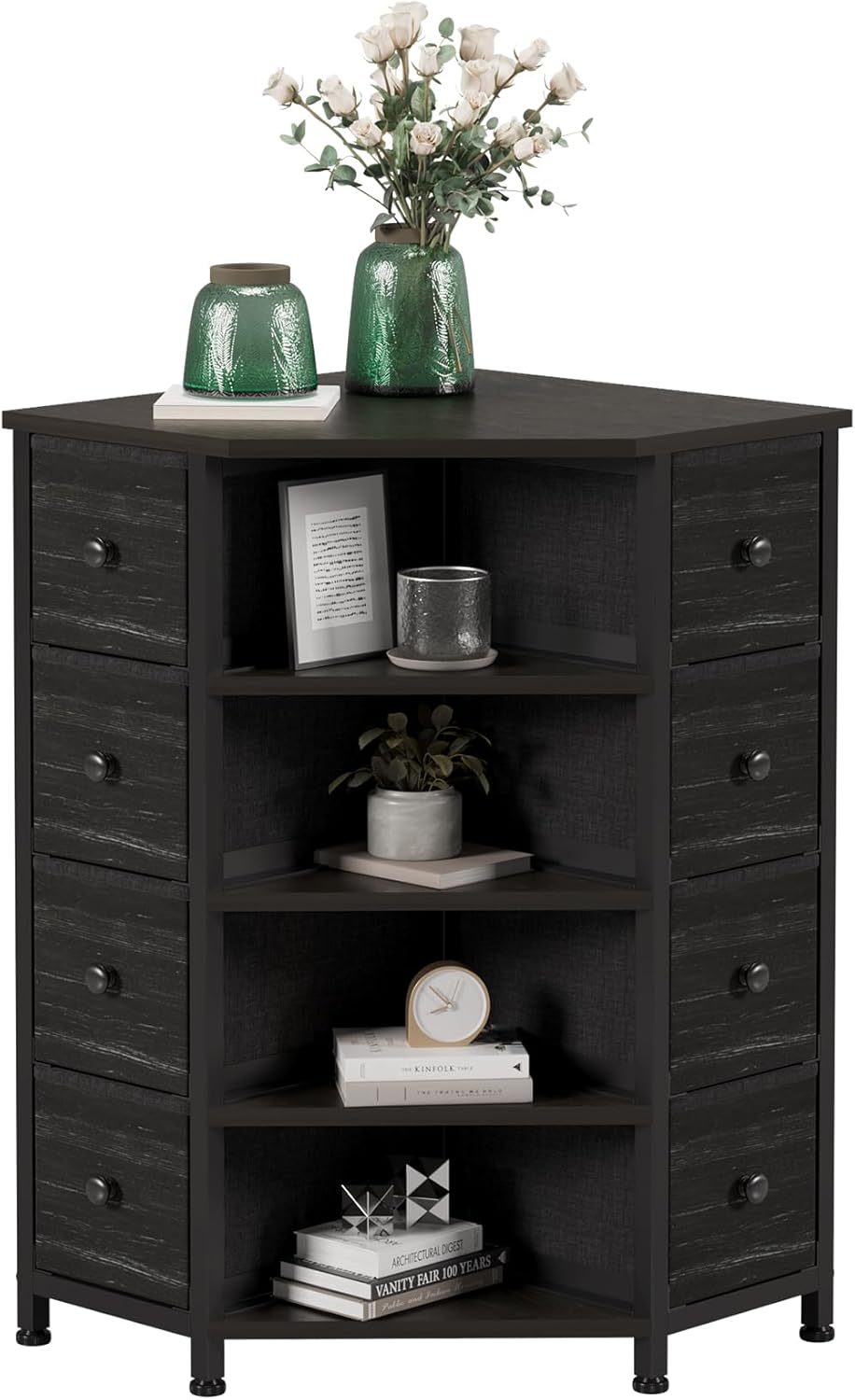 LUMTOK 8 Drawers Corner Dresser with Storage Fabric Drawers and Open Shelves for Small Space，Bedroom，Entryway，Living Room (Black Wood Veins)
