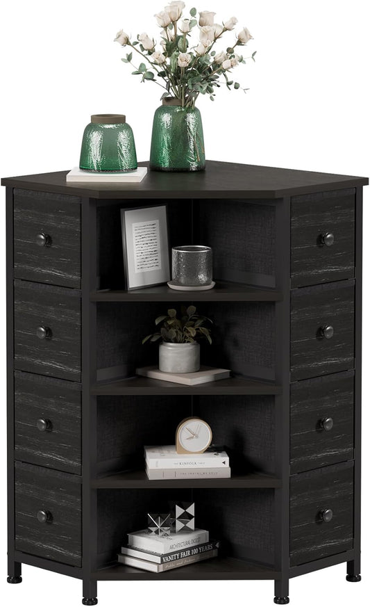 LUMTOK 8 Drawers Corner Dresser with Storage Fabric Drawers and Open Shelves for Small Space，Bedroom，Entryway，Living Room (Black Wood Veins)